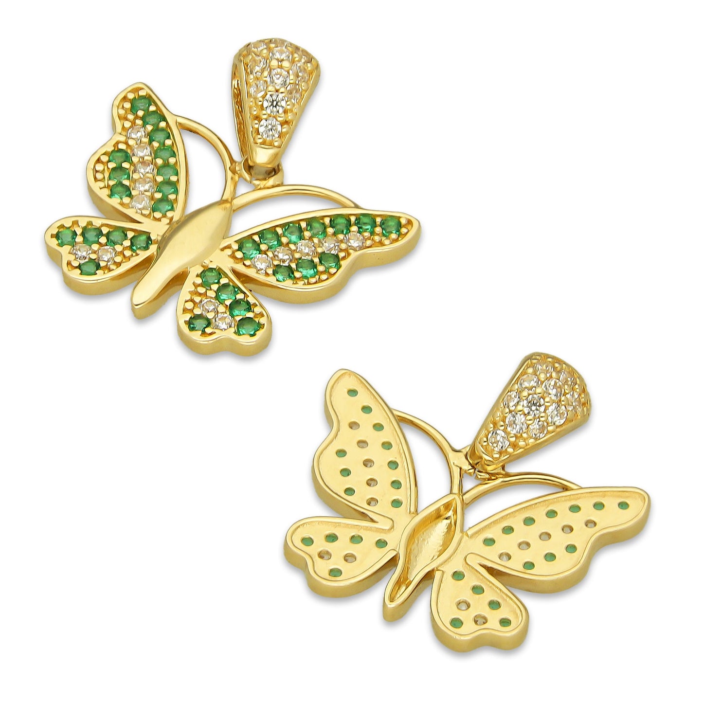 MR14DJ107 Dije Oro Sólido 14K Mariposa Zirconias Verde y Blanco 1.8 cm x 1.8 cm