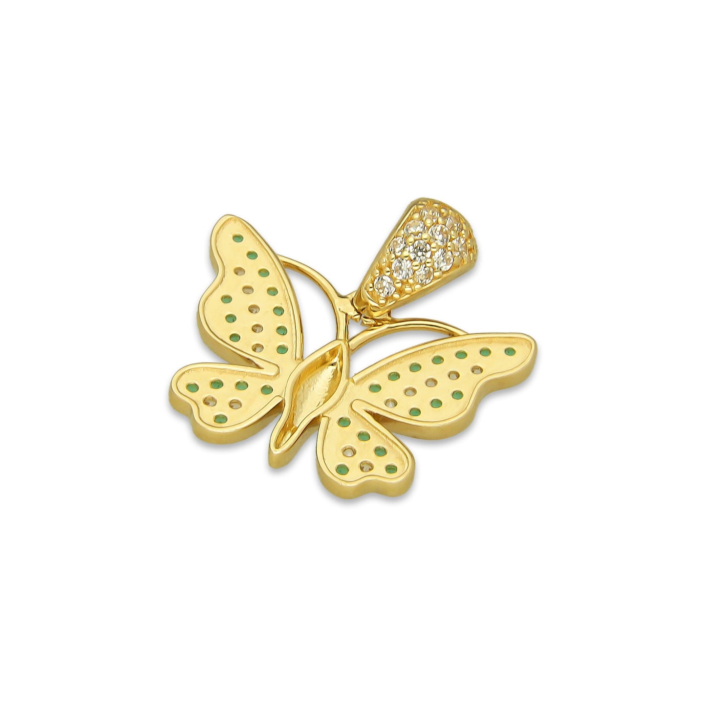 MR14DJ107 Dije Oro Sólido 14K Mariposa Zirconias Verde y Blanco 1.8 cm x 1.8 cm