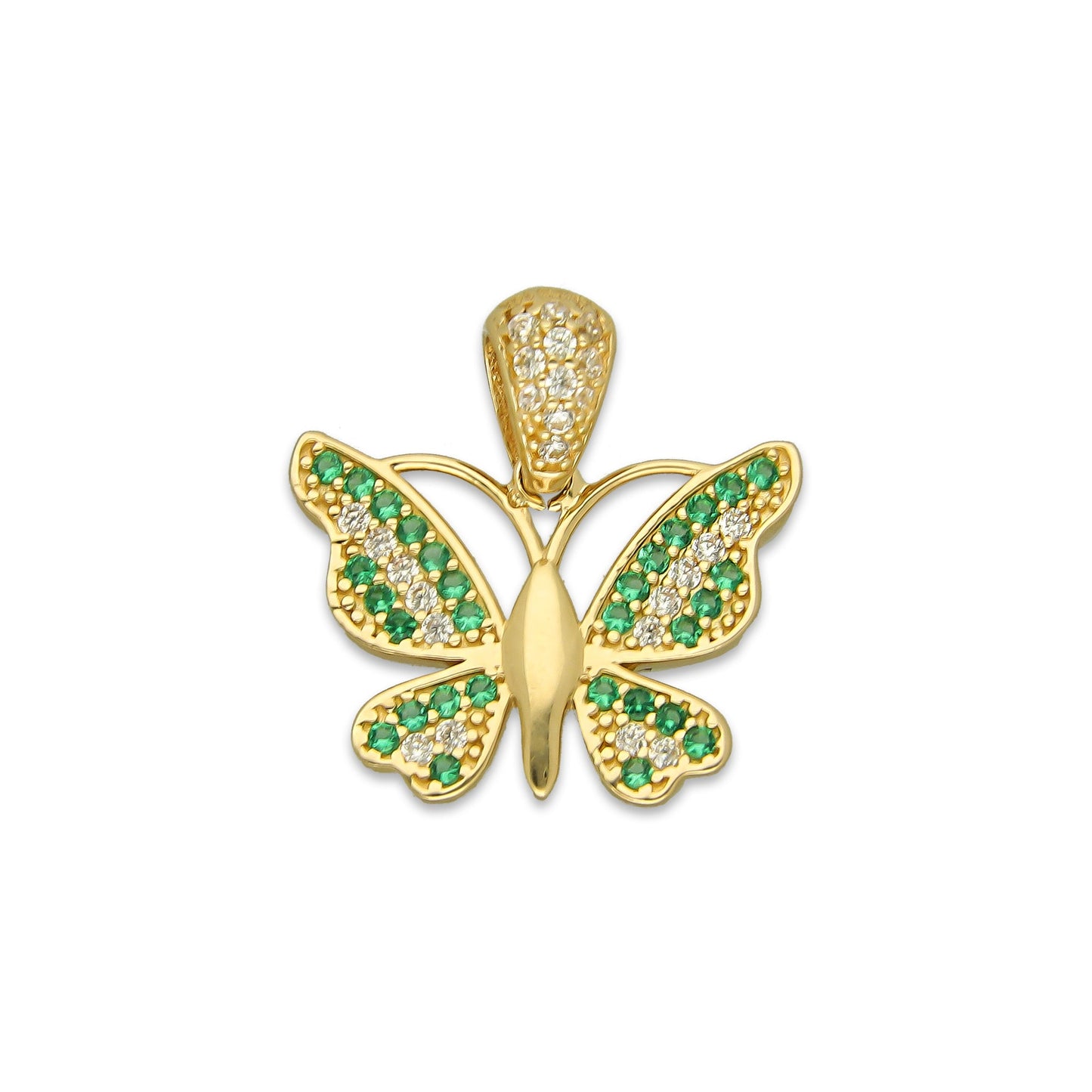 MR14DJ107 Dije Oro Sólido 14K Mariposa Zirconias Verde y Blanco 1.8 cm x 1.8 cm