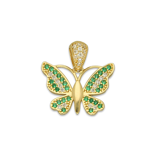 MR14DJ107 Dije Oro Sólido 14K Mariposa Zirconias Verde y Blanco 1.8 cm x 1.8 cm