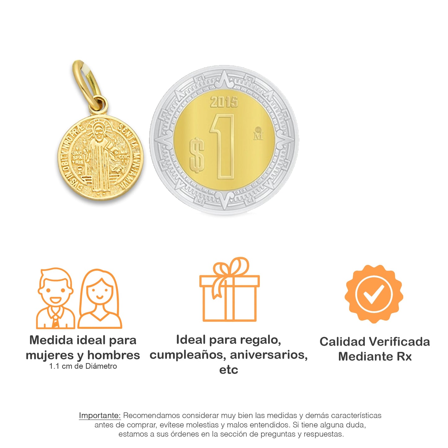MR14DJ111 Dije Oro Sólido 14K EM Mod Medalla de San Benito Doble Vista Diámetro 1.1 cm