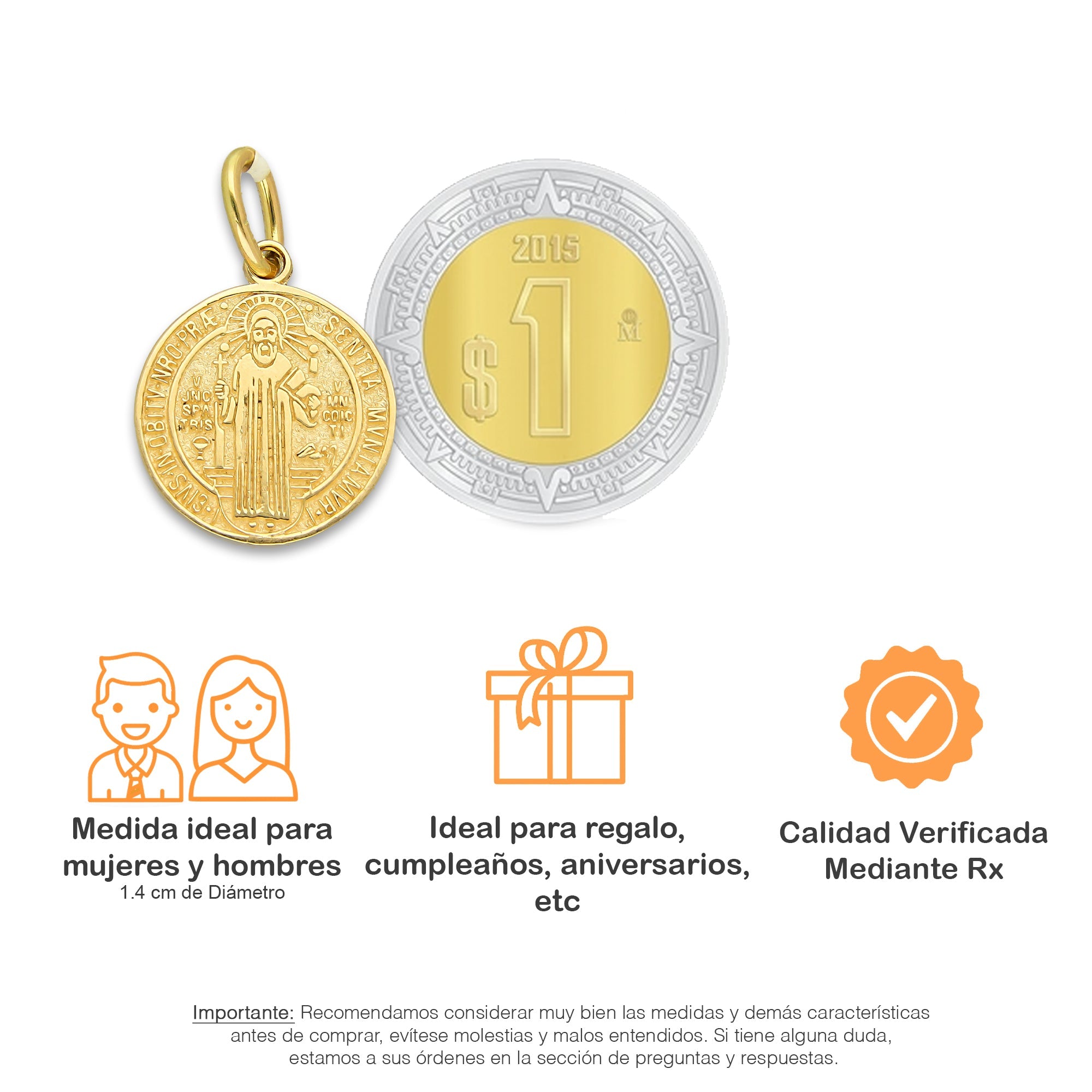 MR14DJ112 Dije Oro Sólido 14K EM Mod Medalla de San Benito Doble Vista Diámetro 1.4 cm