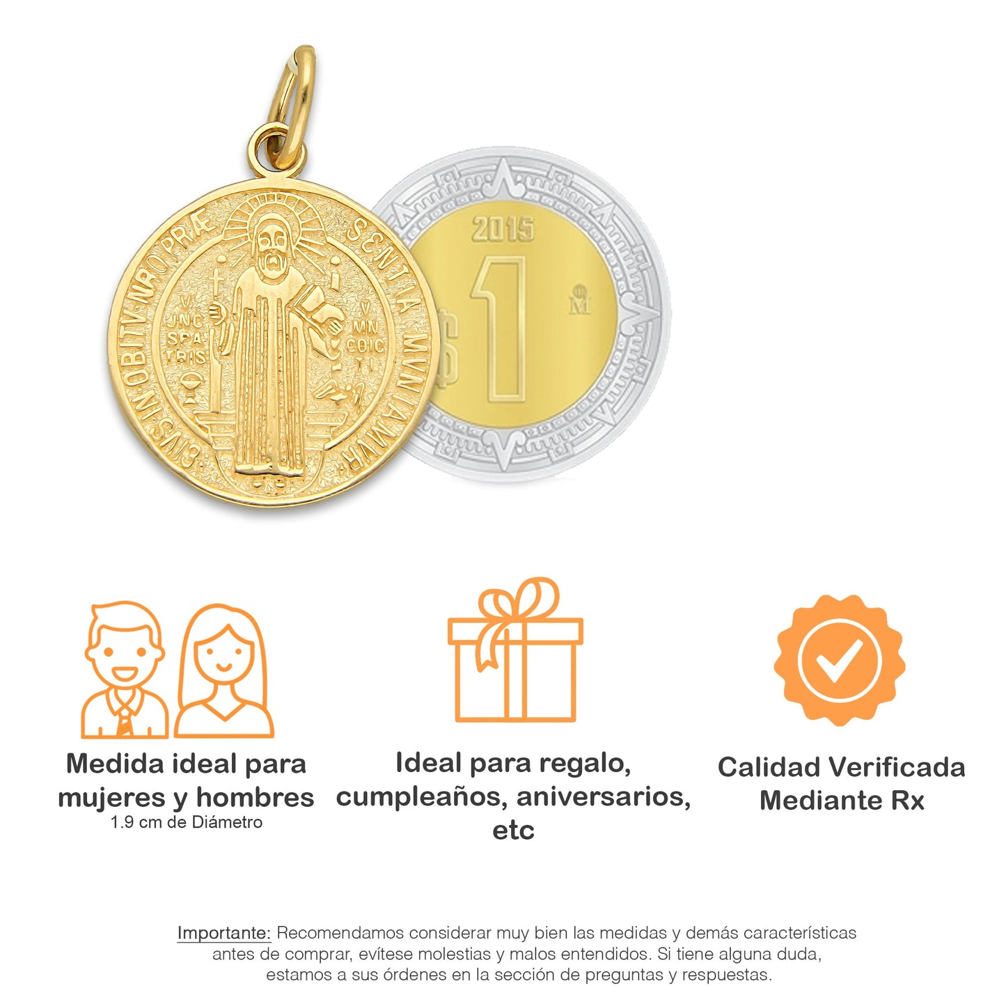 MR14DJ113 Dije Oro Sólido 14K EM Mod Medalla de San Benito Doble Vista Diámetro 1.9 cm