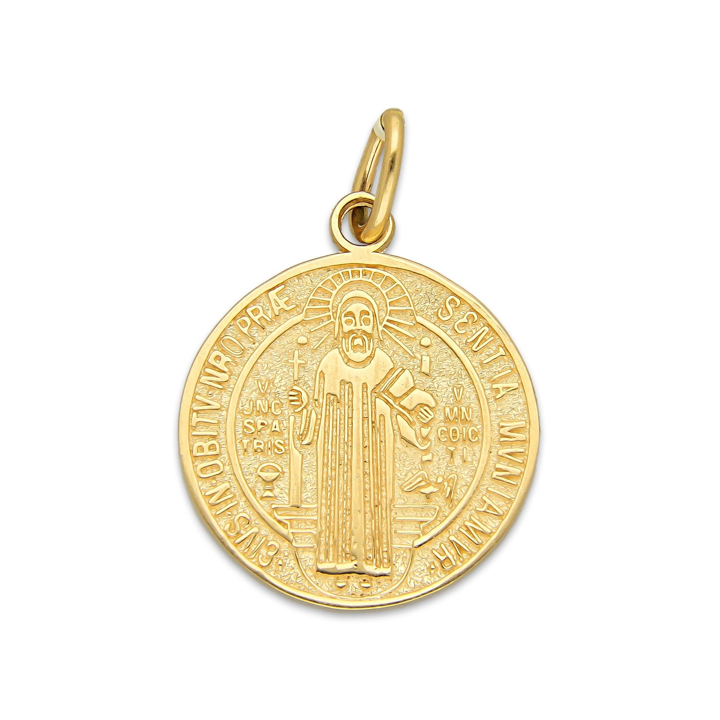 MR14DJ113 Dije Oro Sólido 14K EM Mod Medalla de San Benito Doble Vista Diámetro 1.9 cm