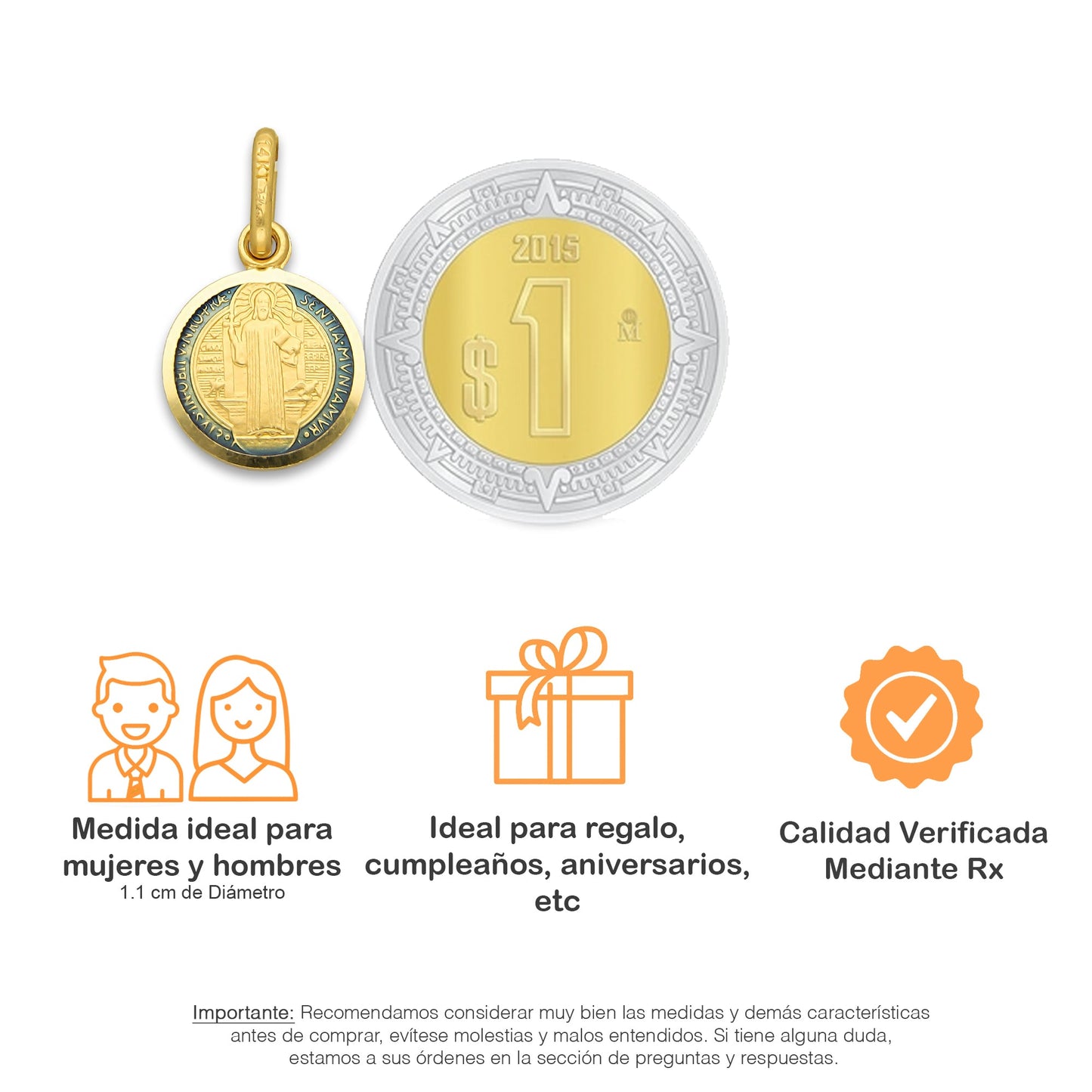 MR14DJ114 Dije Oro Sólido 14K EM Mod Medalla de San Benito Doble Vista Esmaltada Diámetro 1.1 cm