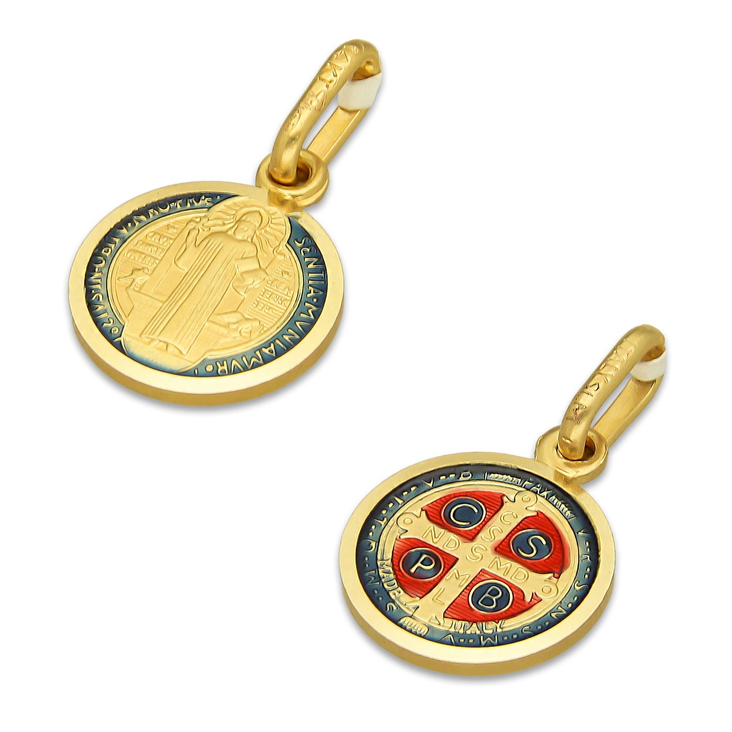 MR14DJ114 Dije Oro Sólido 14K EM Mod Medalla de San Benito Doble Vista Esmaltada Diámetro 1.1 cm