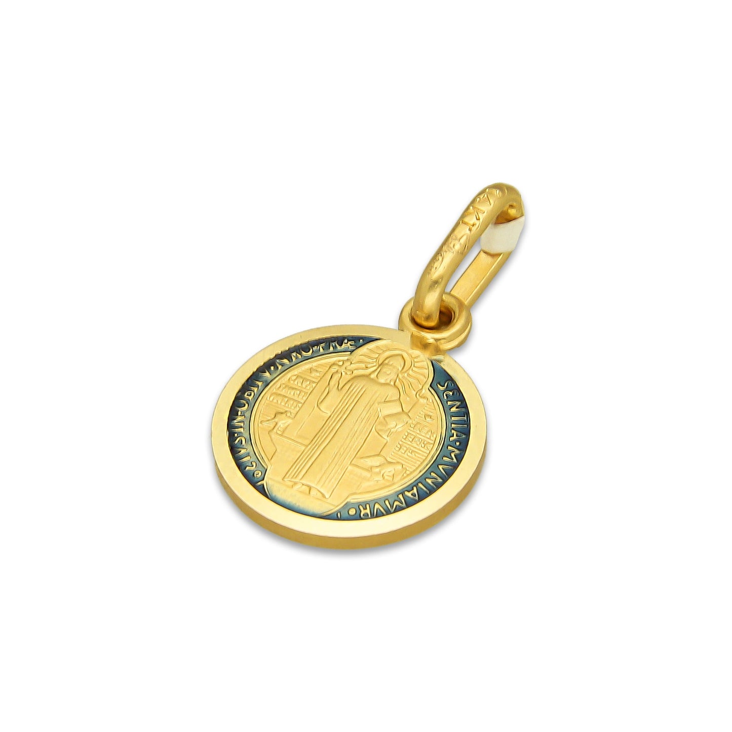 MR14DJ114 Dije Oro Sólido 14K EM Mod Medalla de San Benito Doble Vista Esmaltada Diámetro 1.1 cm