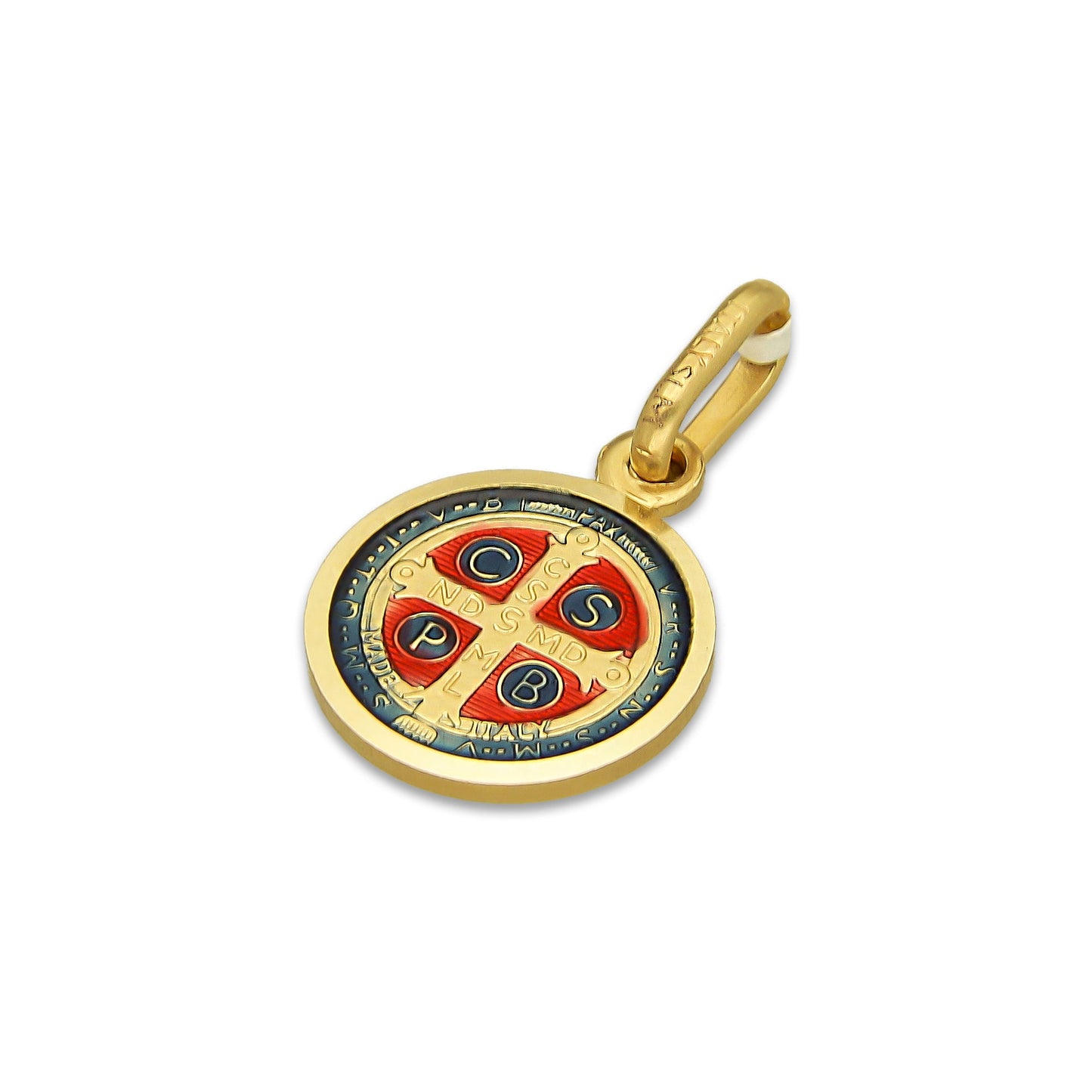 MR14DJ114 Dije Oro Sólido 14K EM Mod Medalla de San Benito Doble Vista Esmaltada Diámetro 1.1 cm
