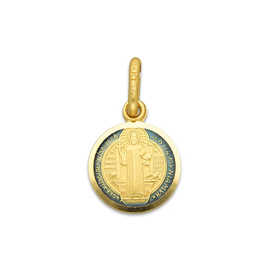 MR14DJ114 Dije Oro Sólido 14K EM Mod Medalla de San Benito Doble Vista Esmaltada Diámetro 1.1 cm