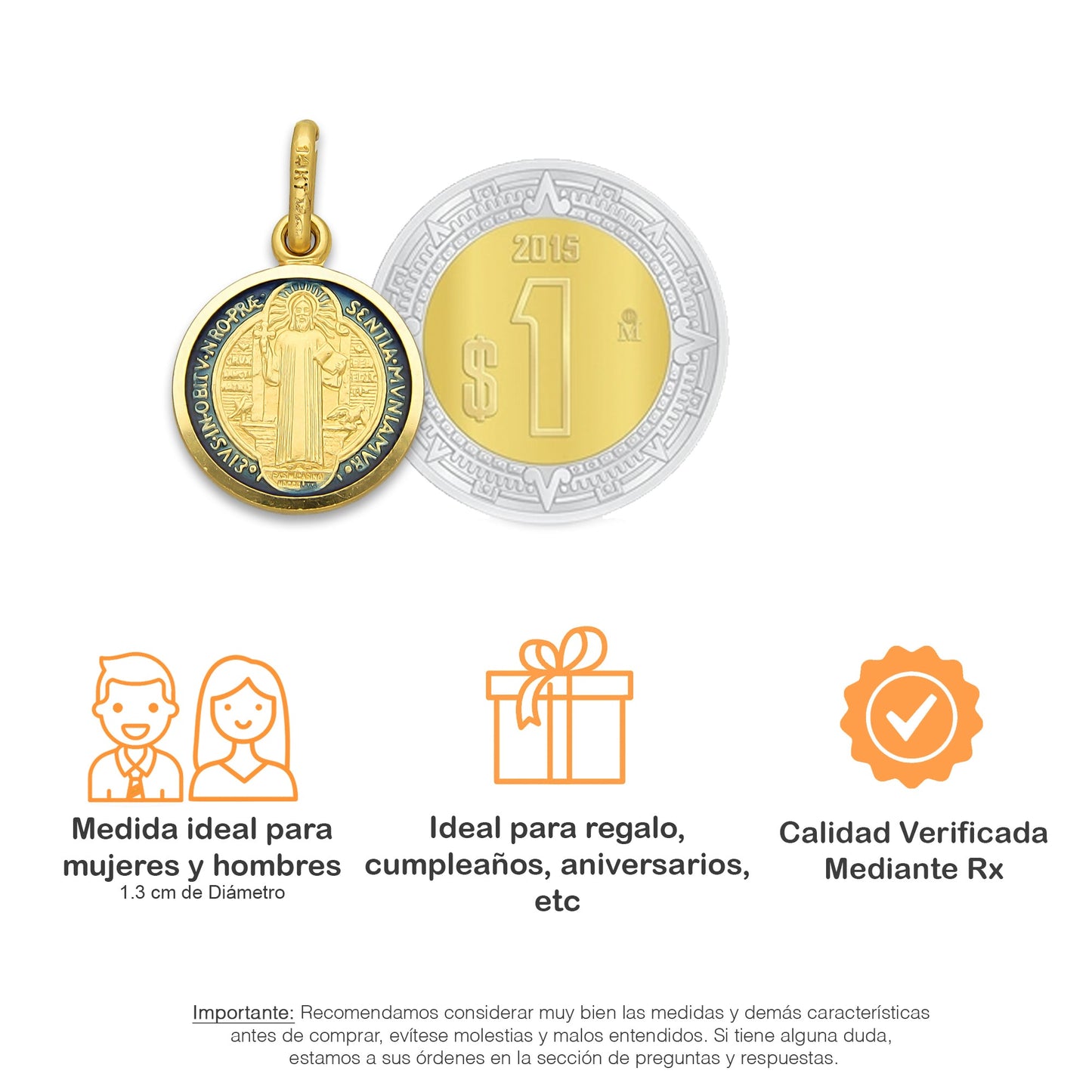 MR14DJ115 Dije Oro Sólido 14K EM Mod Medalla de San Benito Doble Vista Esmaltada Diámetro 1.3 cm