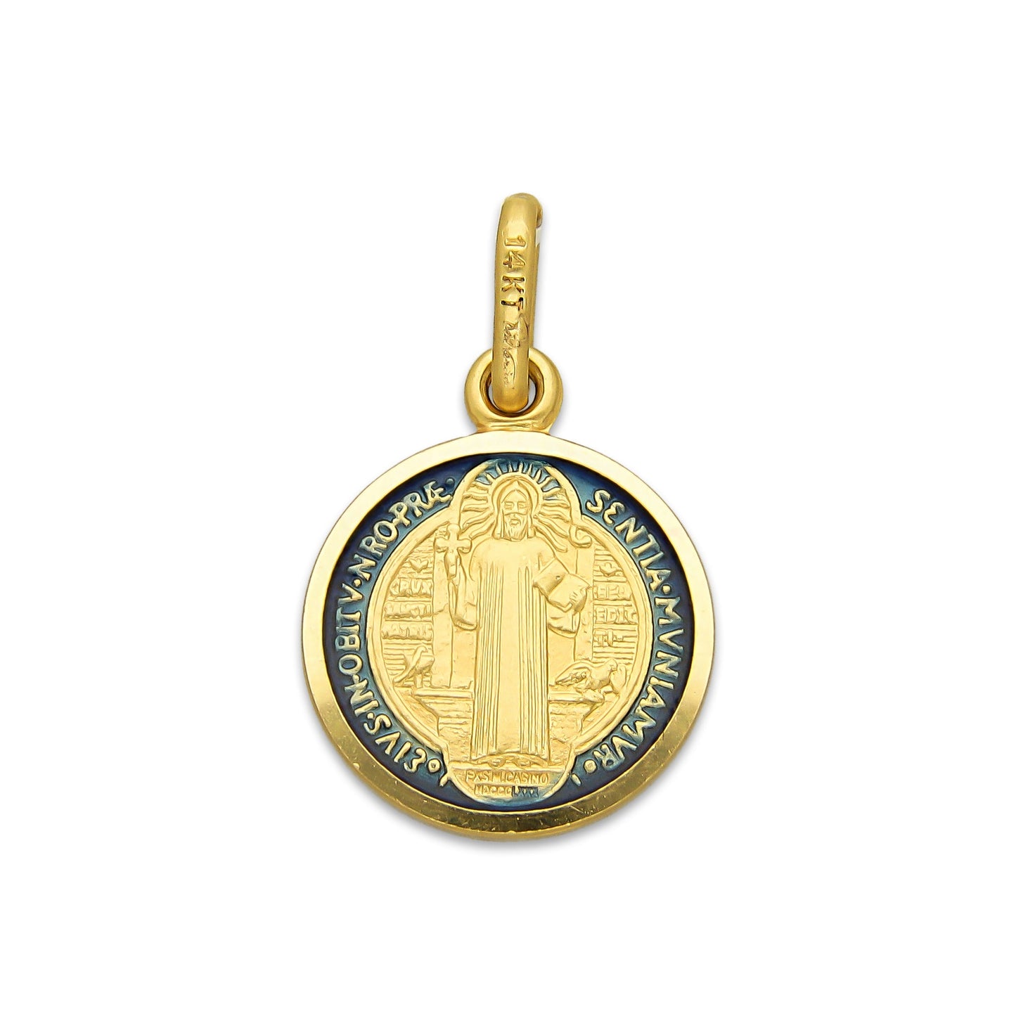 MR14DJ115 Dije Oro Sólido 14K EM Mod Medalla de San Benito Doble Vista Esmaltada Diámetro 1.3 cm