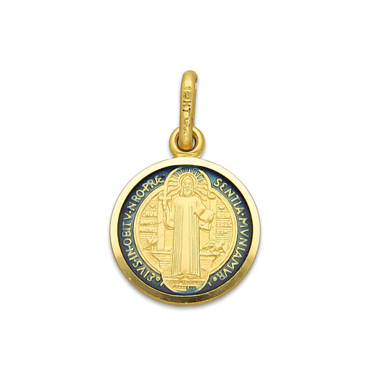 MR14DJ115 Dije Oro Sólido 14K EM Mod Medalla de San Benito Doble Vista Esmaltada Diámetro 1.3 cm