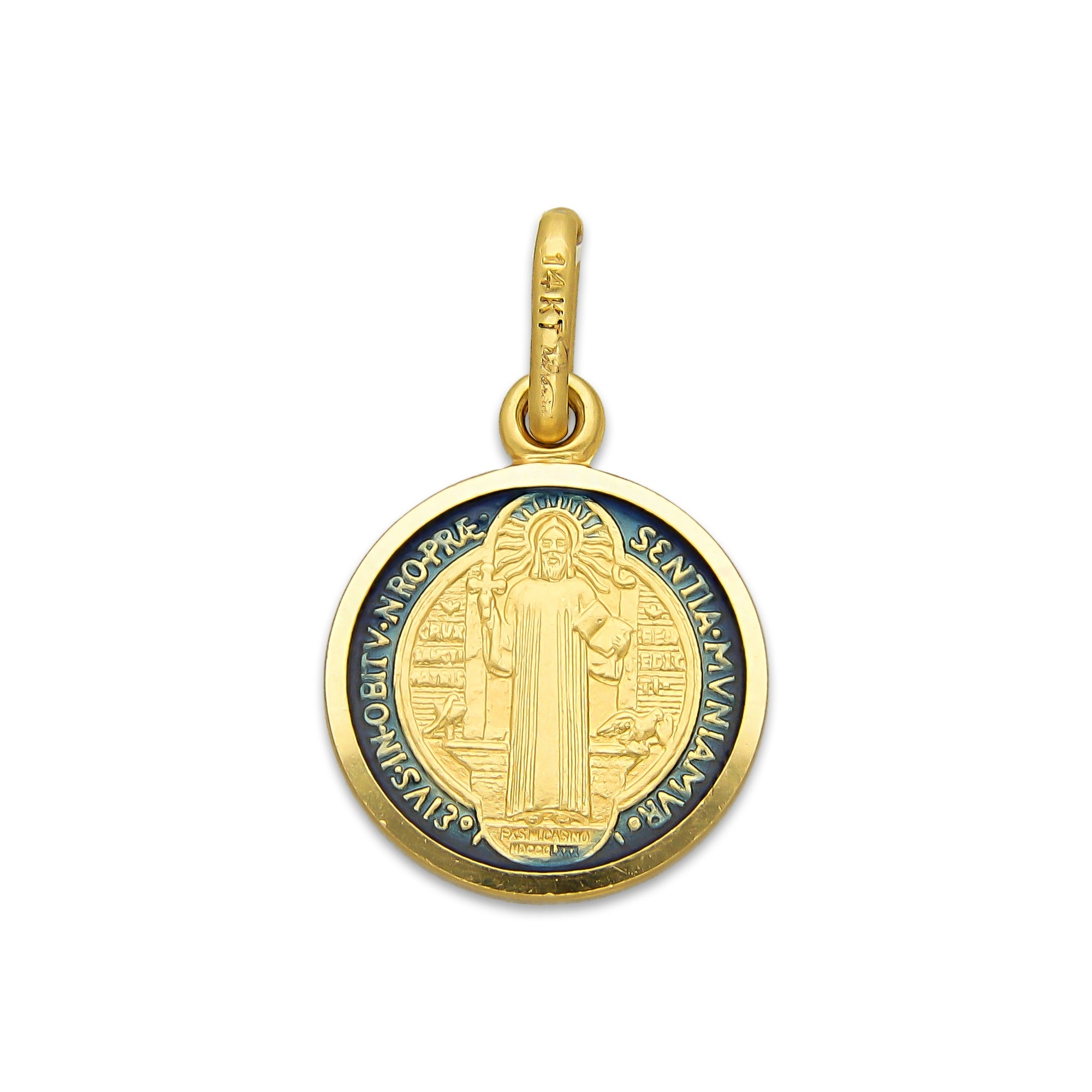 MR14DJ115 Dije Oro Sólido 14K EM Mod Medalla de San Benito Doble Vista Esmaltada Diámetro 1.3 cm