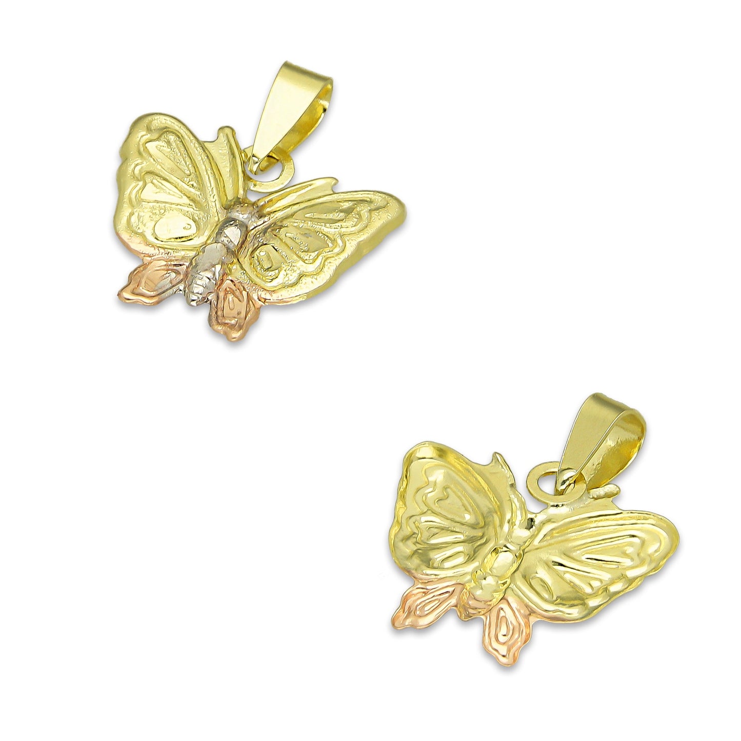 MR14DJ116 Dije Oro Sólido 14K Mariposa Troquelada Diamantada Florentino 1.5 cm x 1.7 cm