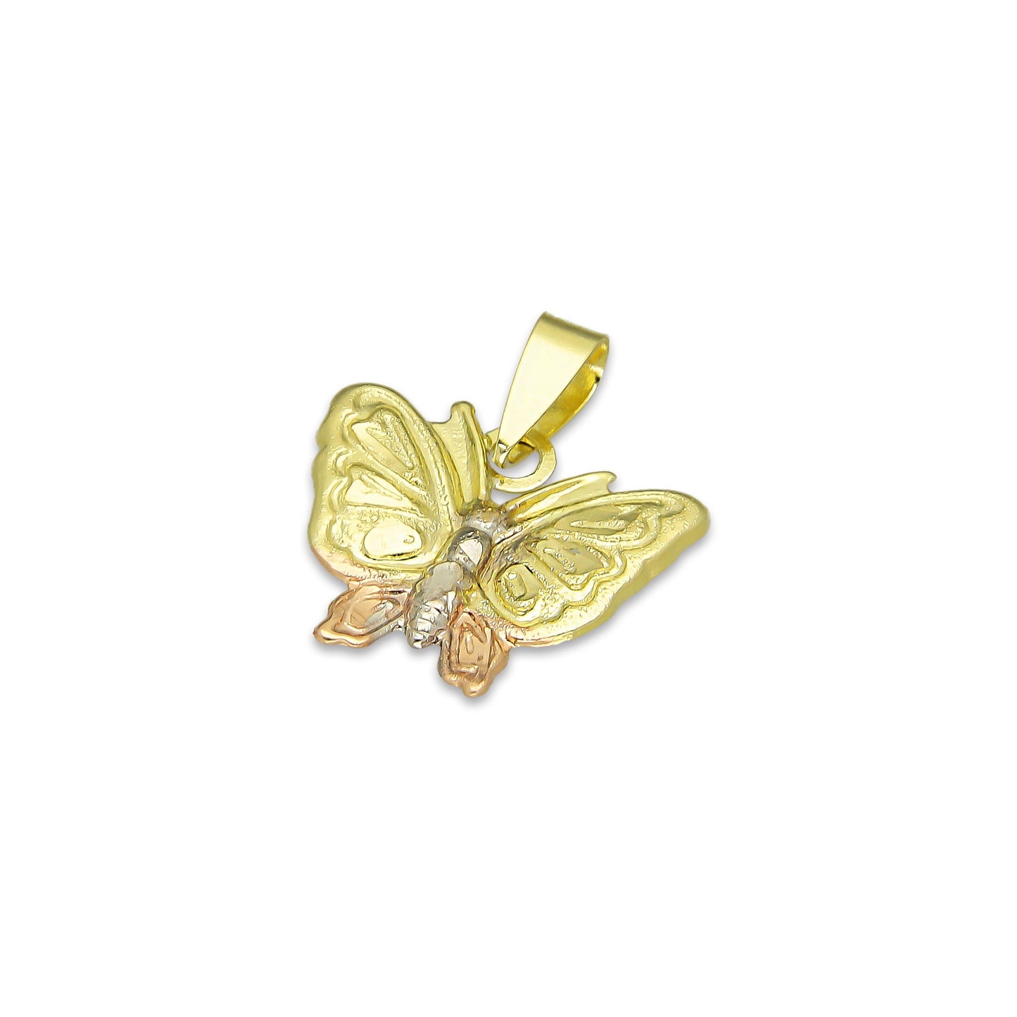 MR14DJ116 Dije Oro Sólido 14K Mariposa Troquelada Diamantada Florentino 1.5 cm x 1.7 cm