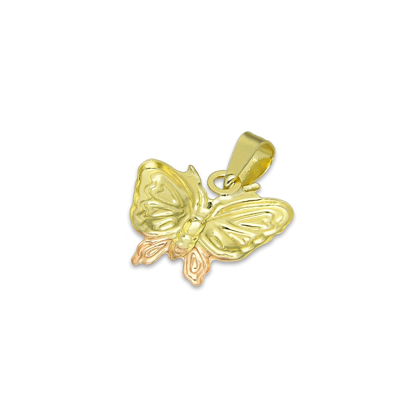 MR14DJ116 Dije Oro Sólido 14K Mariposa Troquelada Diamantada Florentino 1.5 cm x 1.7 cm
