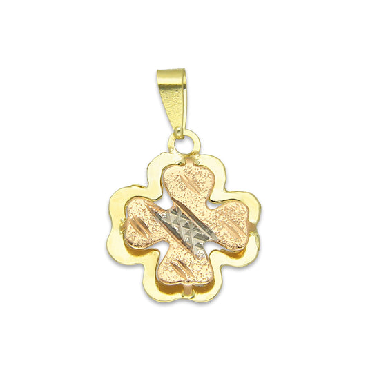 MR14DJ118 Dije Oro Sólido 14K Trébol 4 Hojas Troquelado Diamantado Florentino 1.3 cm x 2.2 cm