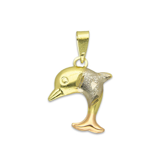 MR14DJ120 Dije Oro Sólido 14K Delfin Individual Troquelado Diamantado Florentino 1.3 cm x 2.1 cm