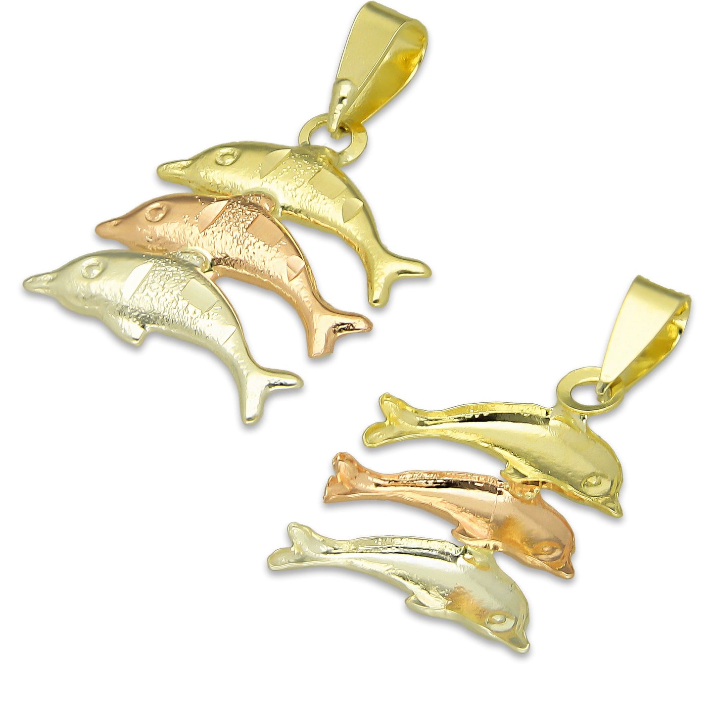MR14DJ121 Dije Oro Sólido 14K Delfin Triada Troquelado Diamantado Florentino 1.3 cm x 2.3 cm