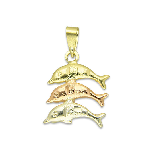 MR14DJ121 Dije Oro Sólido 14K Delfin Triada Troquelado Diamantado Florentino 1.3 cm x 2.3 cm