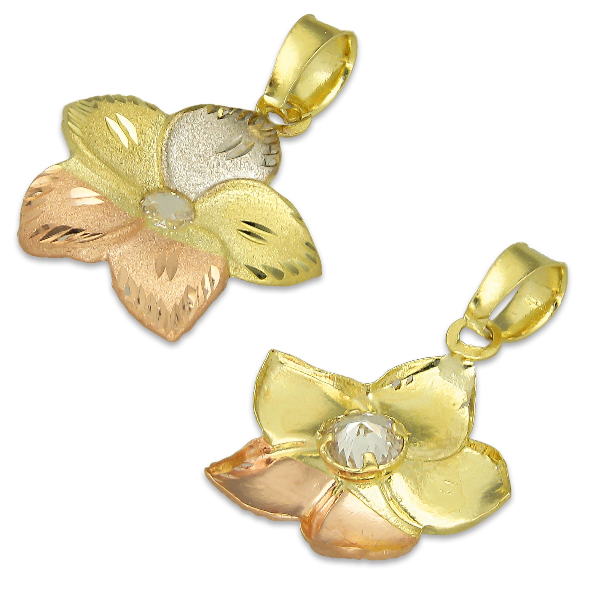 MR14DJ124 Dije Oro Sólido 14K Flor Maui Troquelada Diamantada Florentino 1.6 cm x 2.3 cm