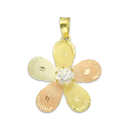 MR14DJ127 Dije Oro Sólido 14K Flor 5 Pétalos con Zirconia Diamantada Florentino 2.1 cm x 2.9 cm