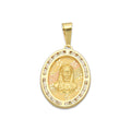 MR14DJ175 Dije Oro Sólido 14K EM Busto Sagrado Corazón Láser Florentino con Flores Láser Óvalo Bisel con Zirconias 1.7 cm x 3.1 cm