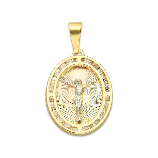 MR14DJ176 Dije Oro Sólido 14K EM Cristo Óvalo Bisel con Zirconias 1.7 cm x 3.1 cm