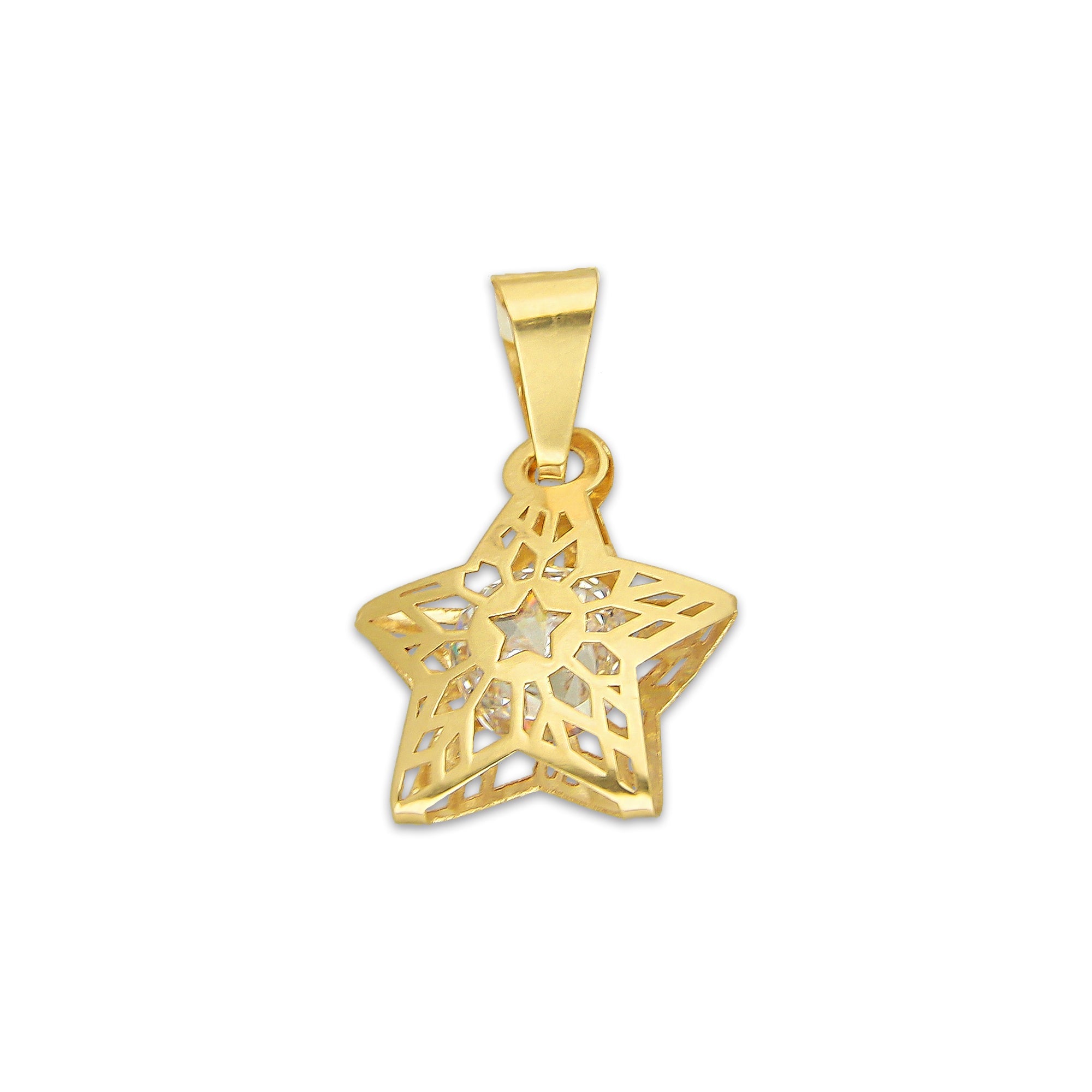 MR14DJ177 Dije Oro Sólido 14K EM Estrella 3D Jail 1.9 cm x 2.1 cm