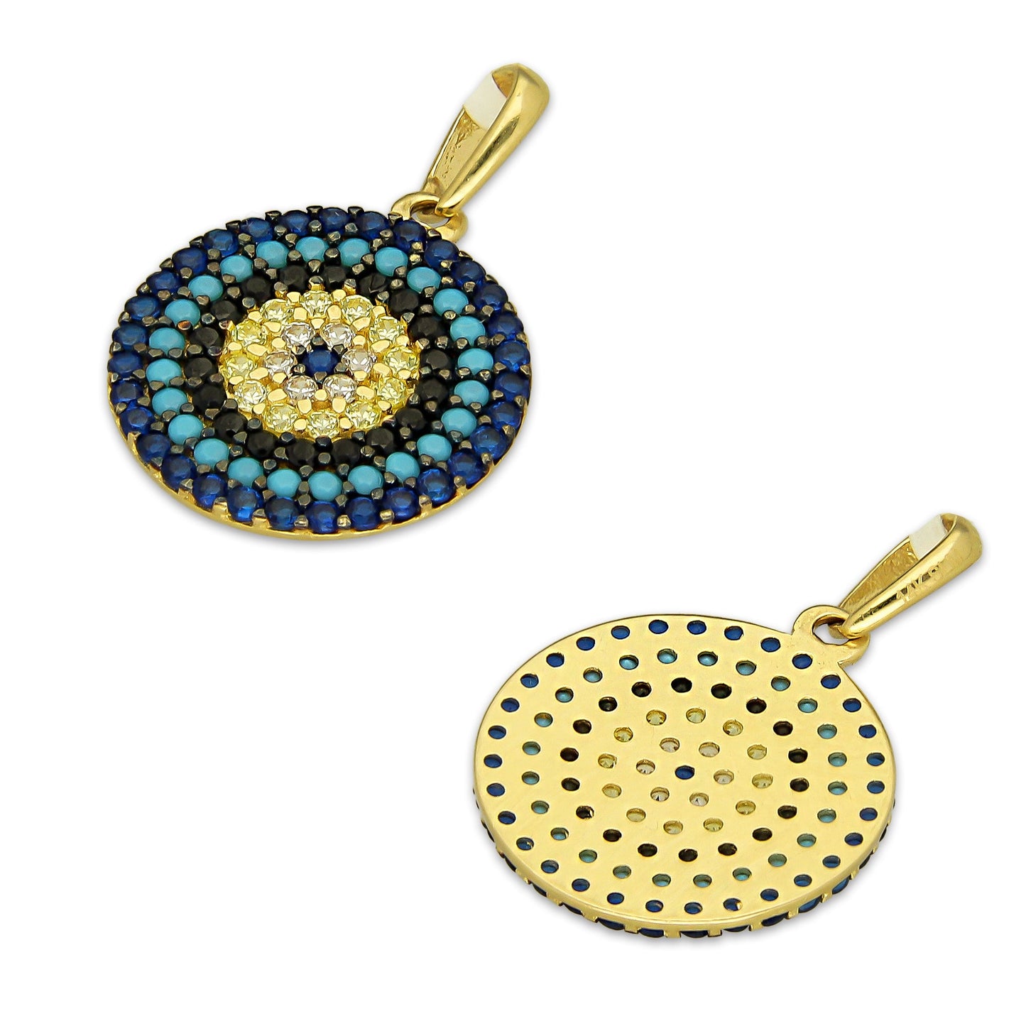 MR14DJ179 Dije Oro Sólido 14K EM Ojo Turco Orilla Azul 1.4 cm x 2.1 cm