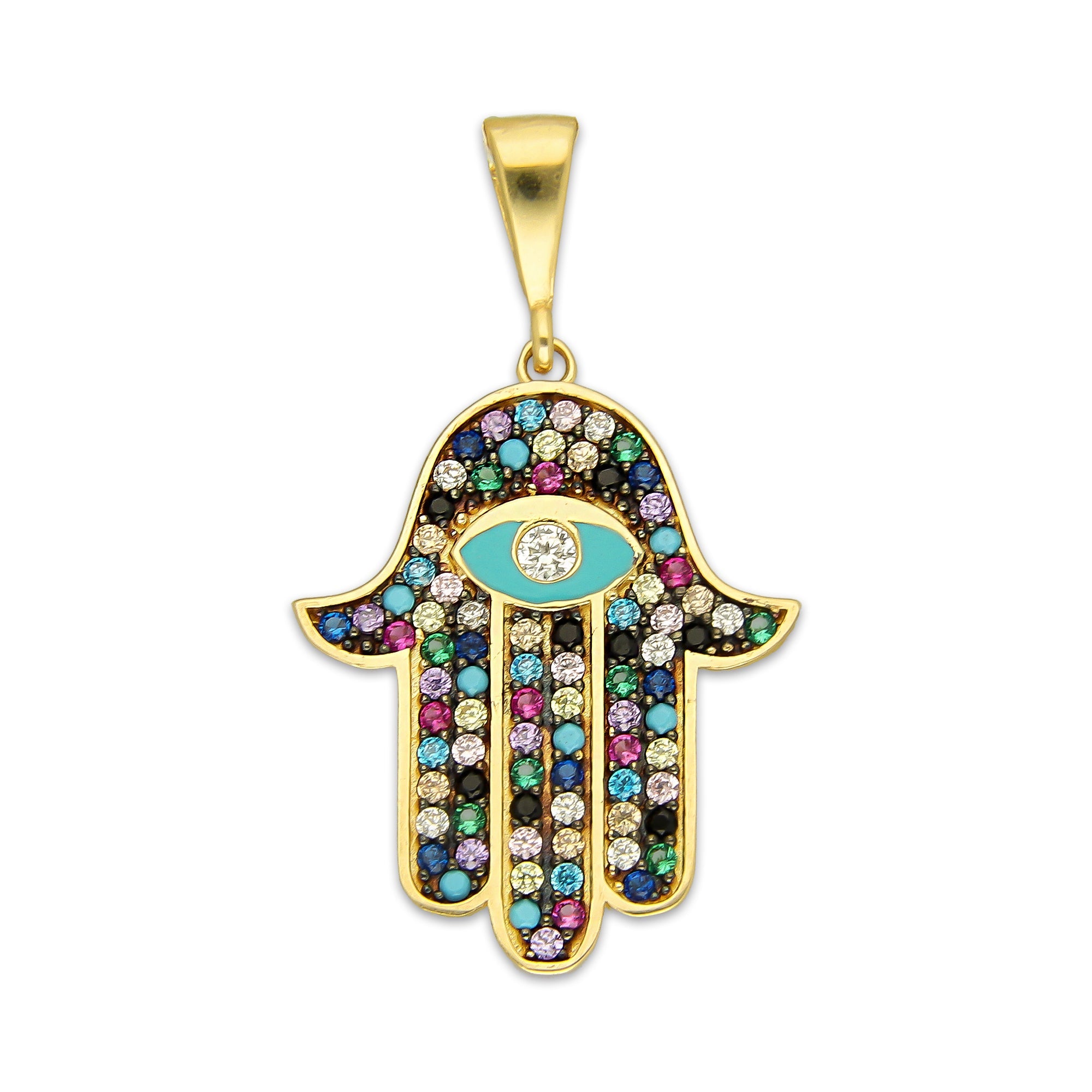 MR14DJ181 Dije Oro Sólido 14K EM Mano de Fatima Azul Ojo Azul Turqueza 1.8 cm x 3.1 cm