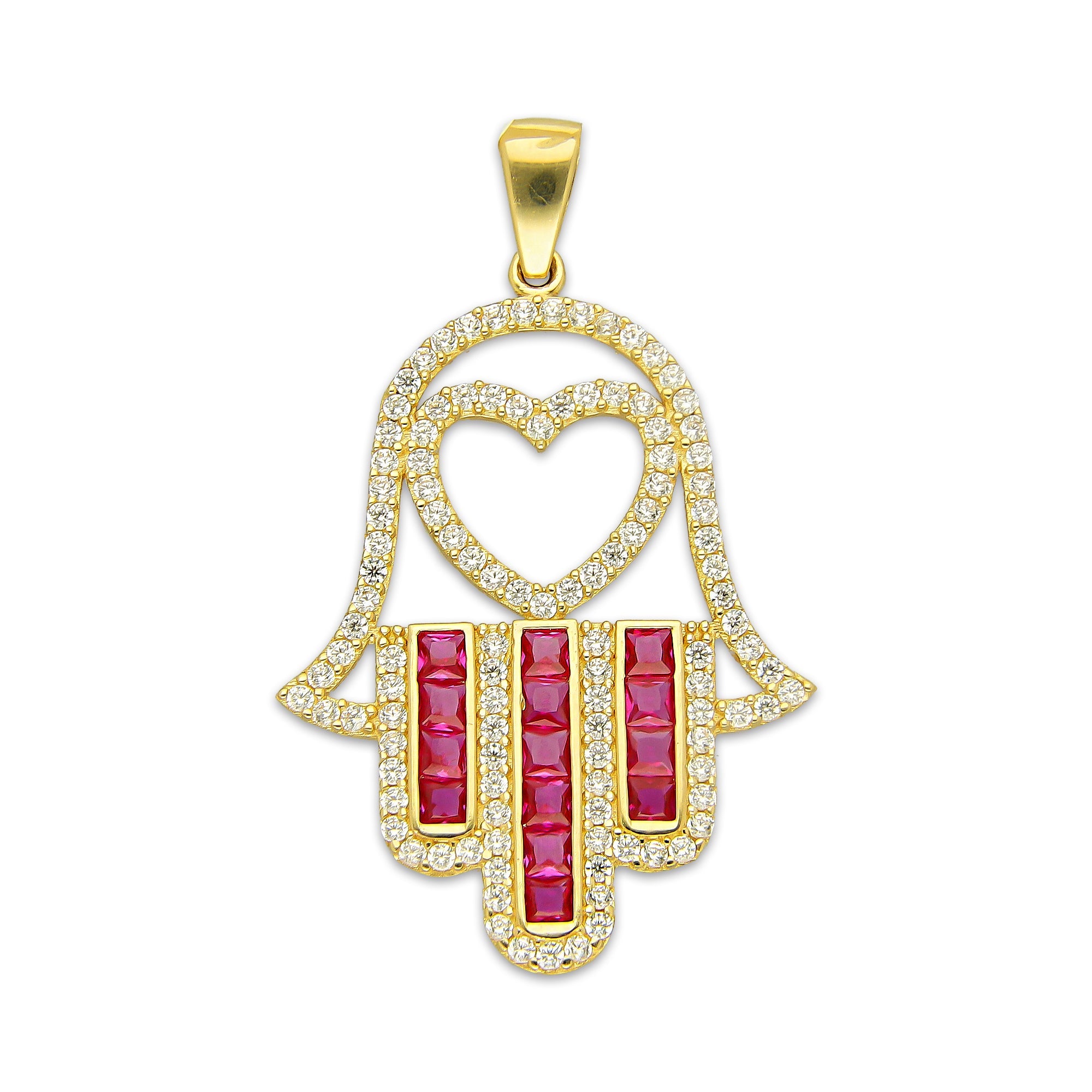 MR14DJ182 Dije Oro Sólido 14K EM Mano de Fatima Azul Centro Corazón 2.2 cm x 3.6 cm