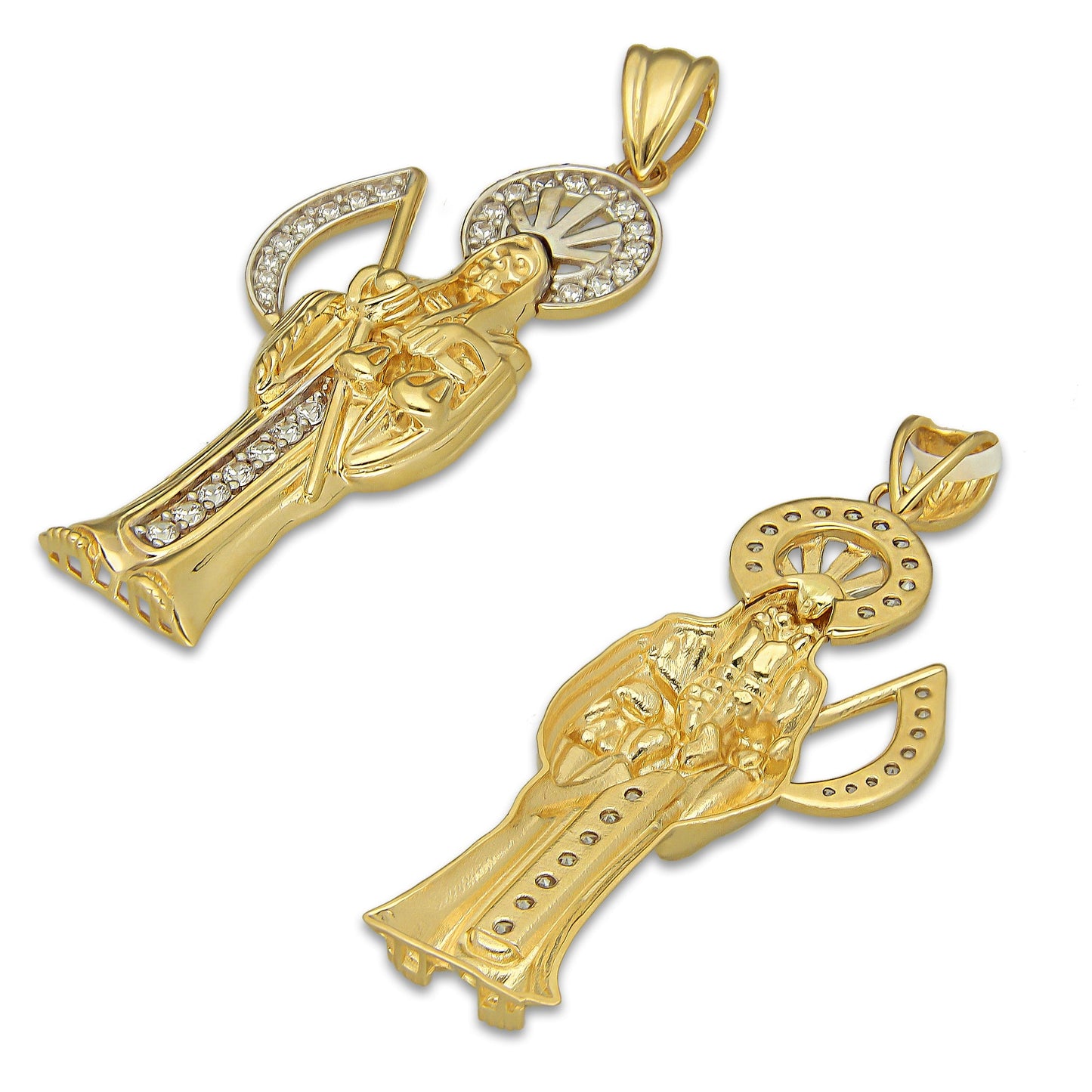 MR14DJ195 Dije Oro Sólido 14K EM Santa Muerte con Zirconia 1.8 cm x 5.1 cm