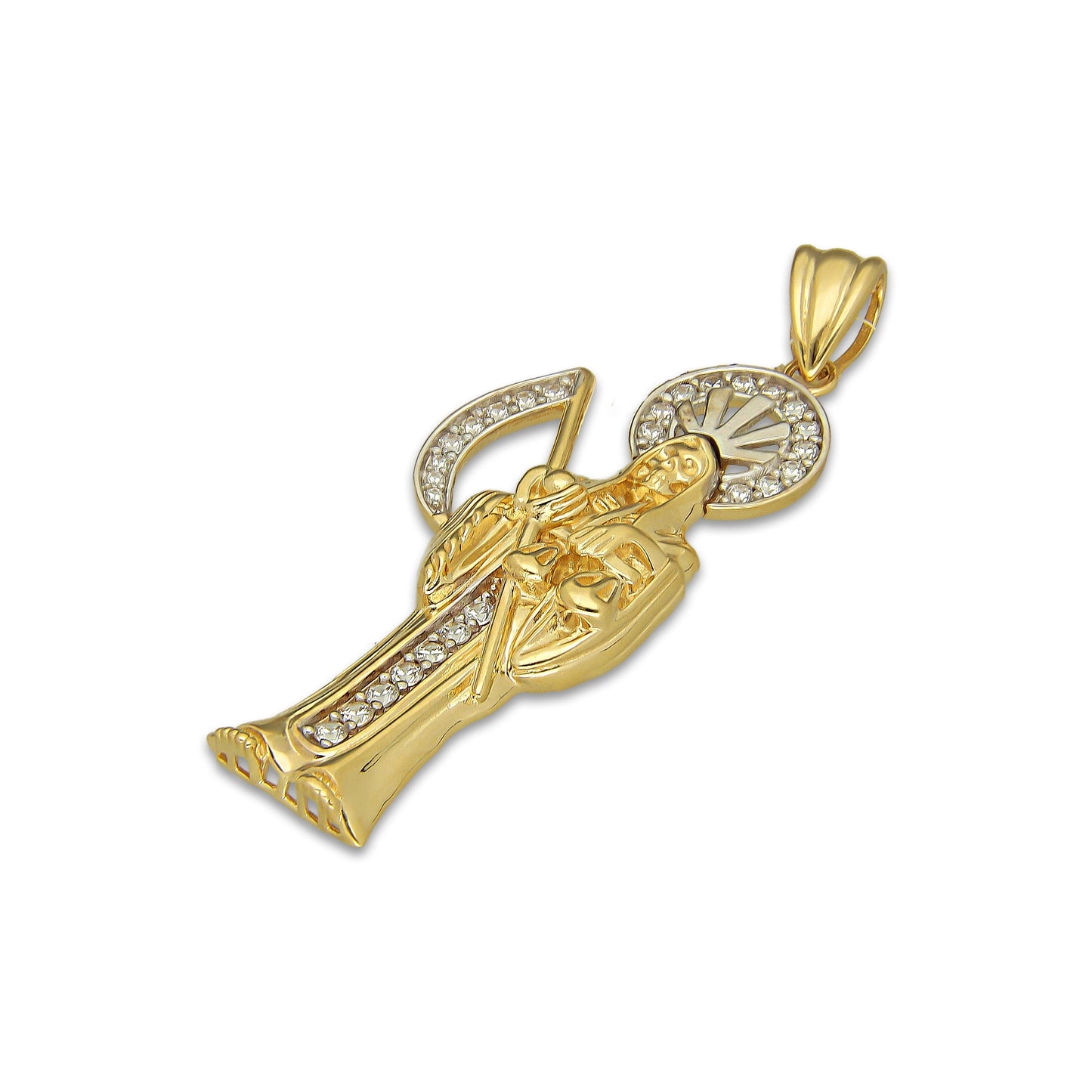 MR14DJ195 Dije Oro Sólido 14K EM Santa Muerte con Zirconia 1.8 cm x 5.1 cm