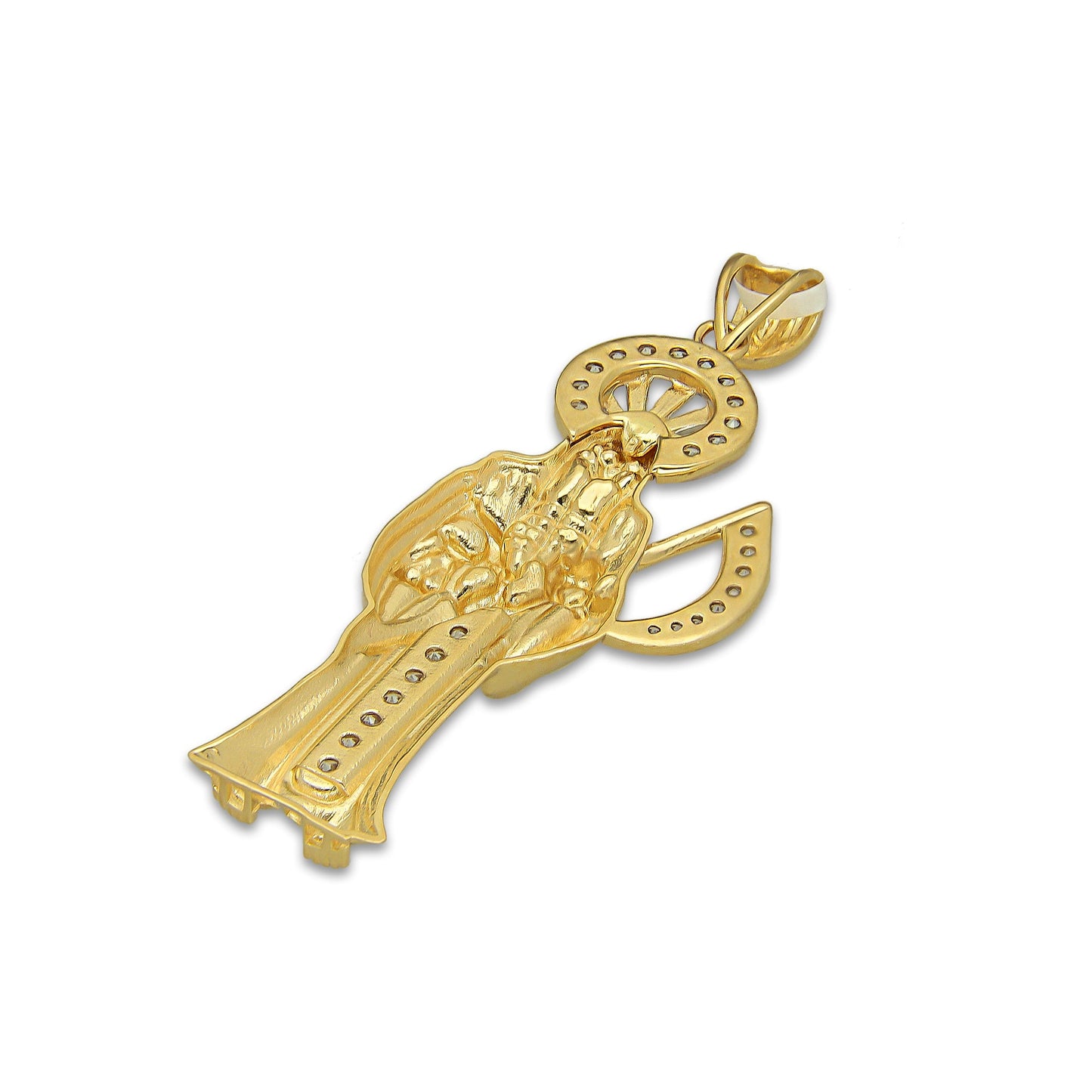MR14DJ195 Dije Oro Sólido 14K EM Santa Muerte con Zirconia 1.8 cm x 5.1 cm