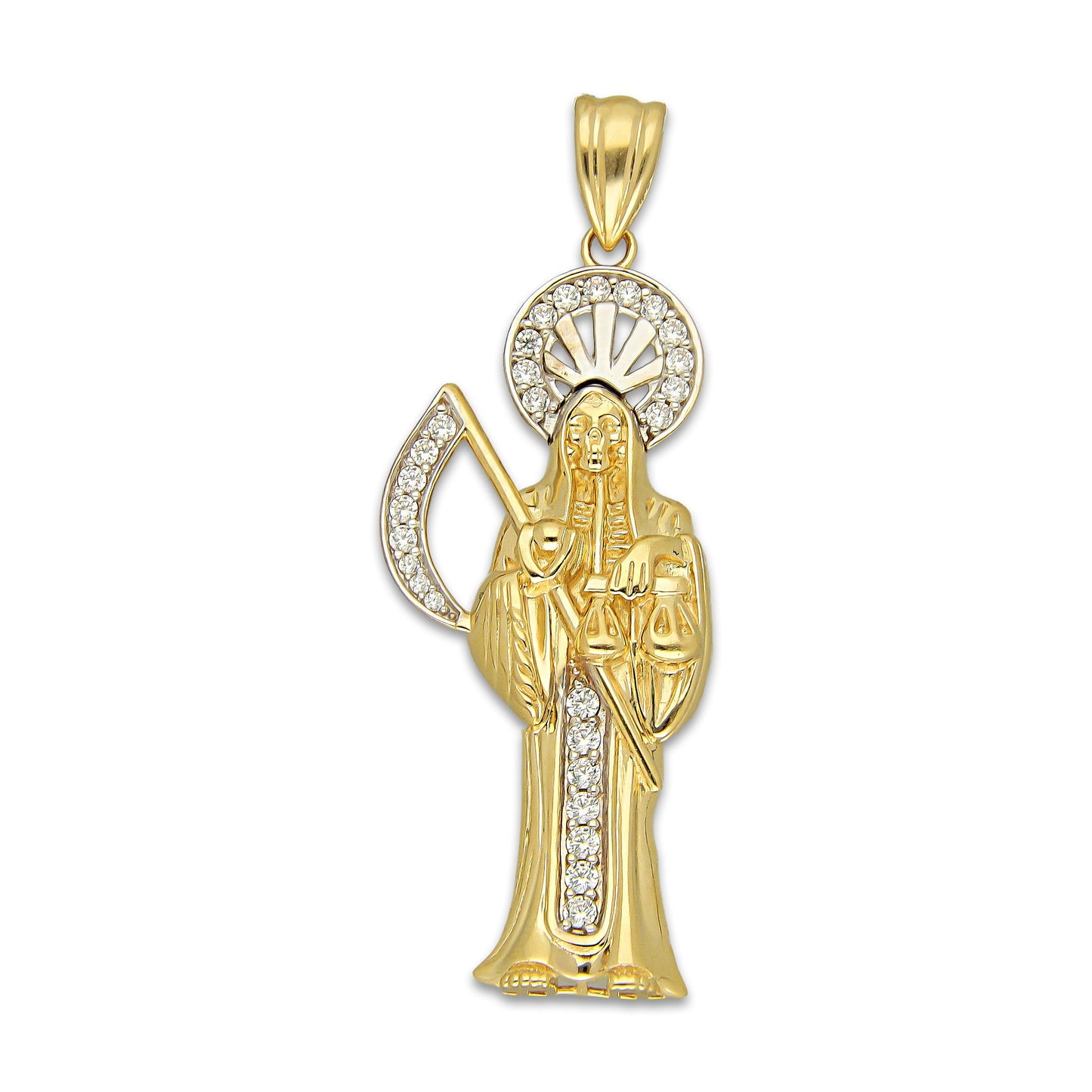 MR14DJ195 Dije Oro Sólido 14K EM Santa Muerte con Zirconia 1.8 cm x 5.1 cm