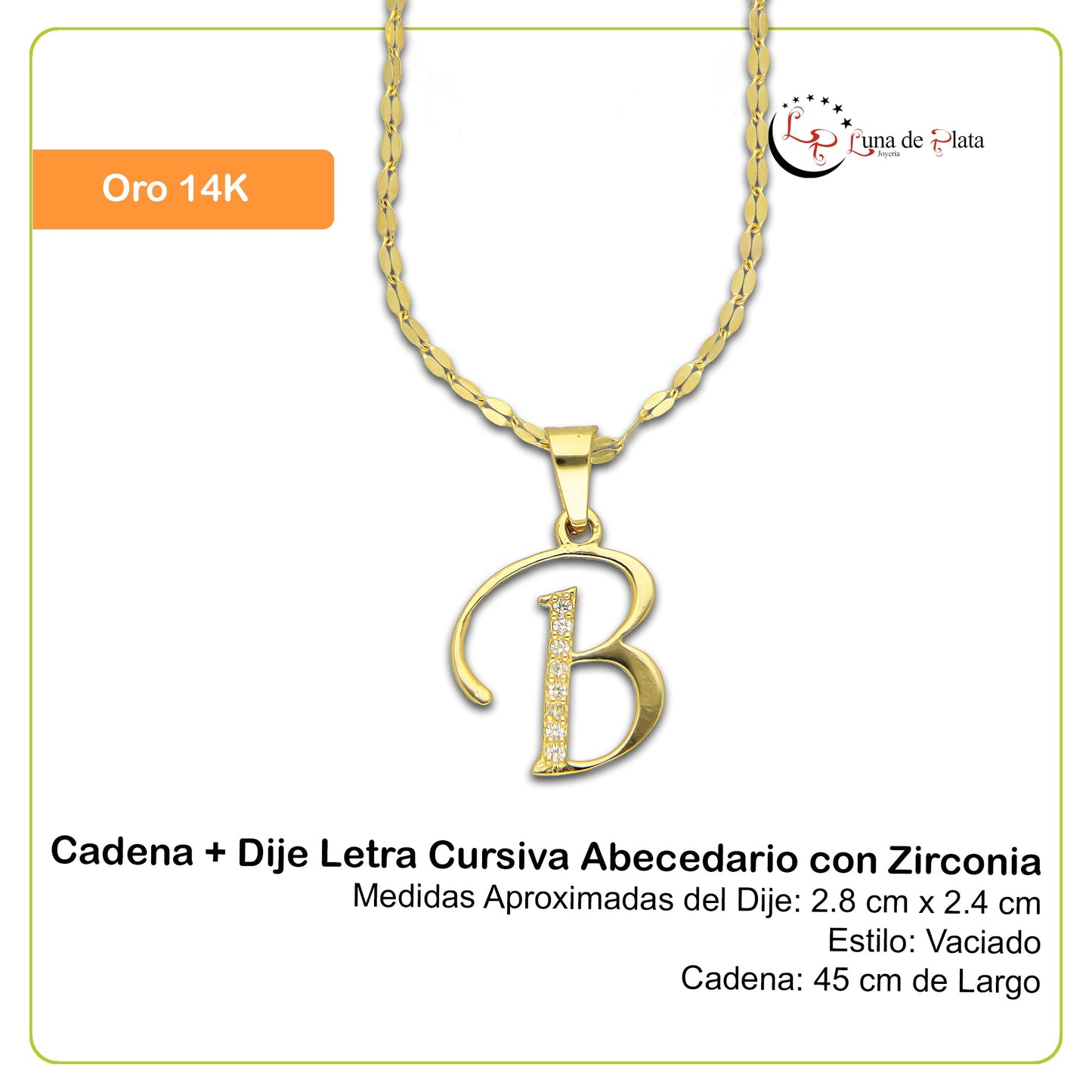 MR14DP001 Cadena + Dije Oro Sólido 14K Letra Cursiva Abecedario con Zirconia