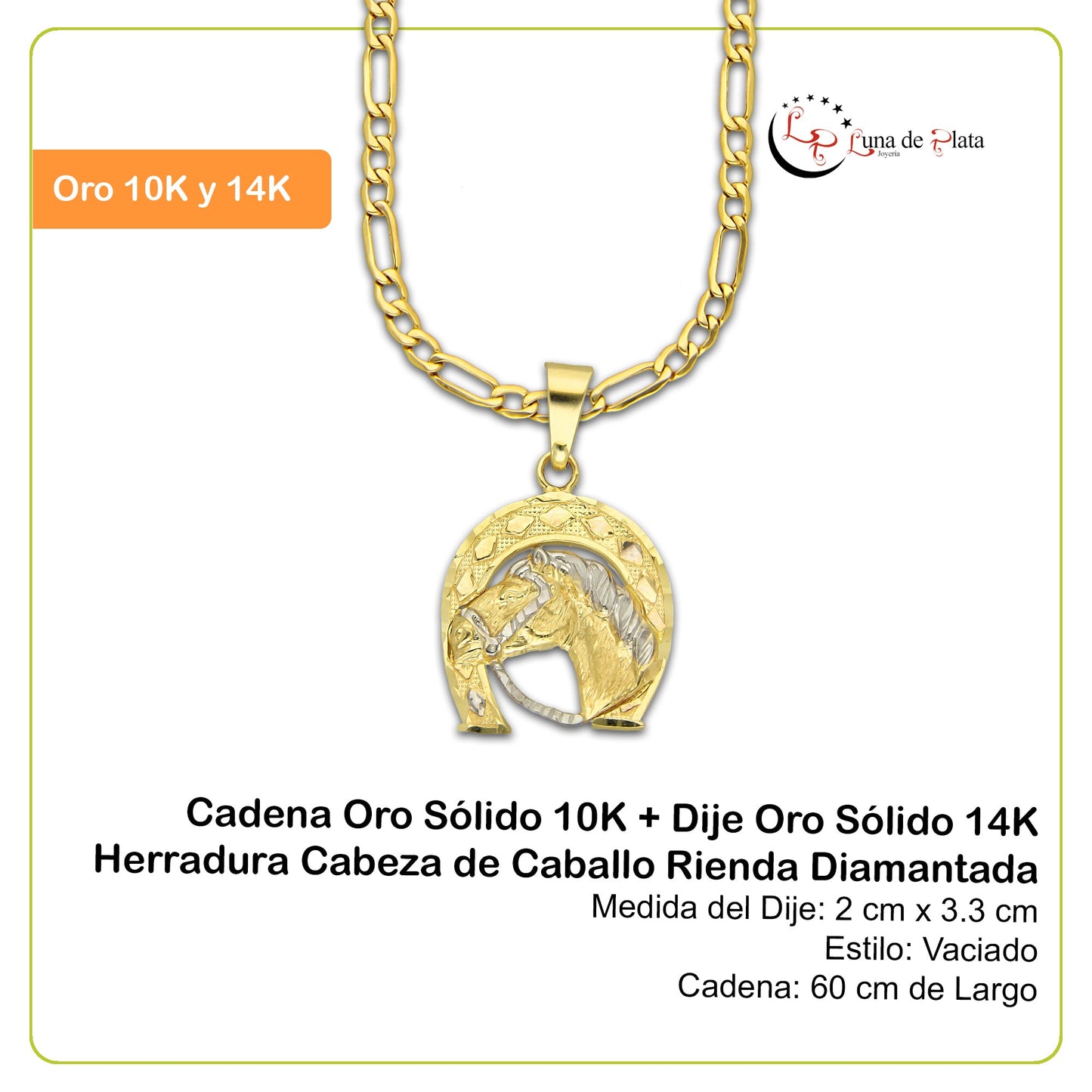 MR14DP009 Cadena Oro Sólido 10K + Dije Oro Sólido 14K Herradura Cabeza de Caballo Rienda Diamantada 2 cm x 3.3 cm