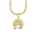 MR14DP009 Cadena Oro Sólido 10K + Dije Oro Sólido 14K Herradura Cabeza de Caballo Rienda Diamantada 2 cm x 3.3 cm