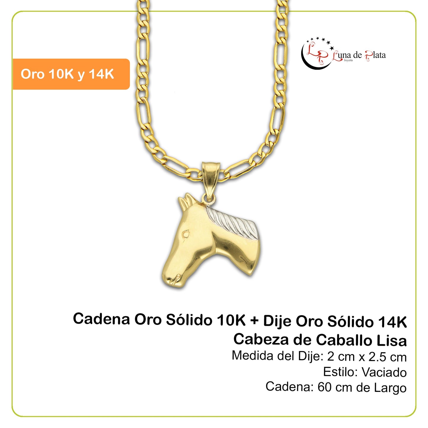 MR14DP011 Cadena Oro Sólido 10K + Dije Oro Sólido 14K Cabeza de Caballo Lisa 2 cm x 2.5 cm