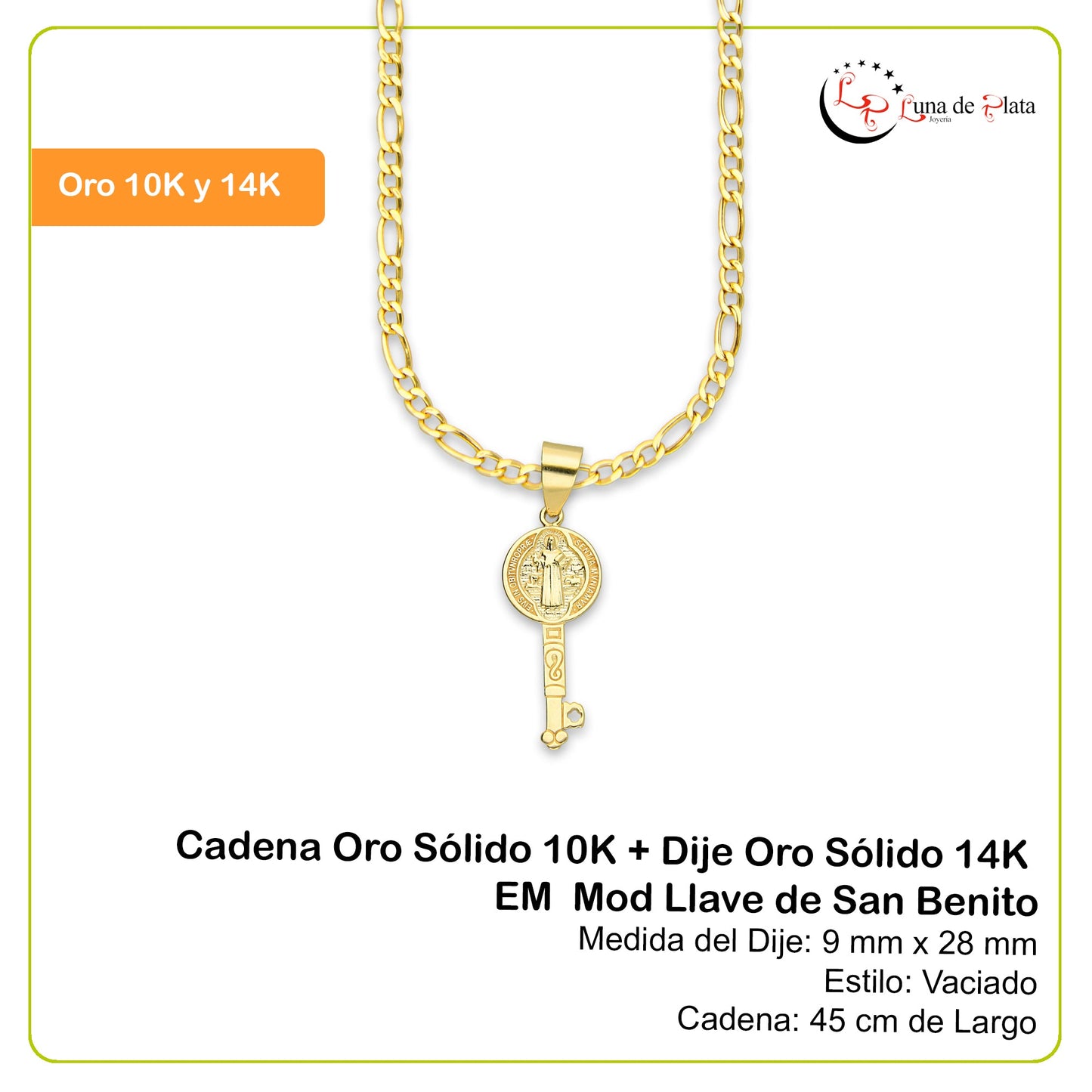 MR14DP012 Cadena Oro Sólido 10K + Dije Oro Sólido 14K EM Mod Llave de San Benito 0.9 cm x 2.8 cm