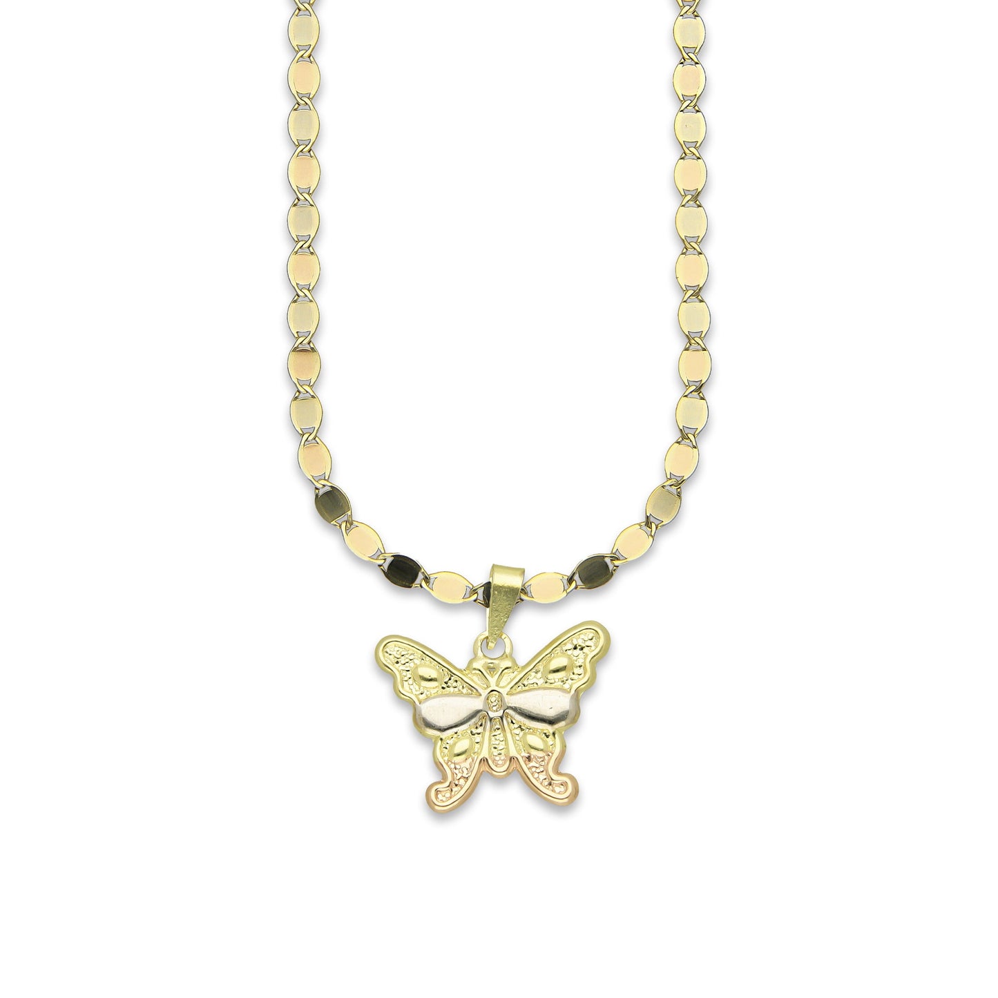 MR14DP020 Cadena Oro Sólido 10K + Dije Oro Sólido 14K Mariposa Troquelada Diamantada Florentino 1.8 cm x 2 cm