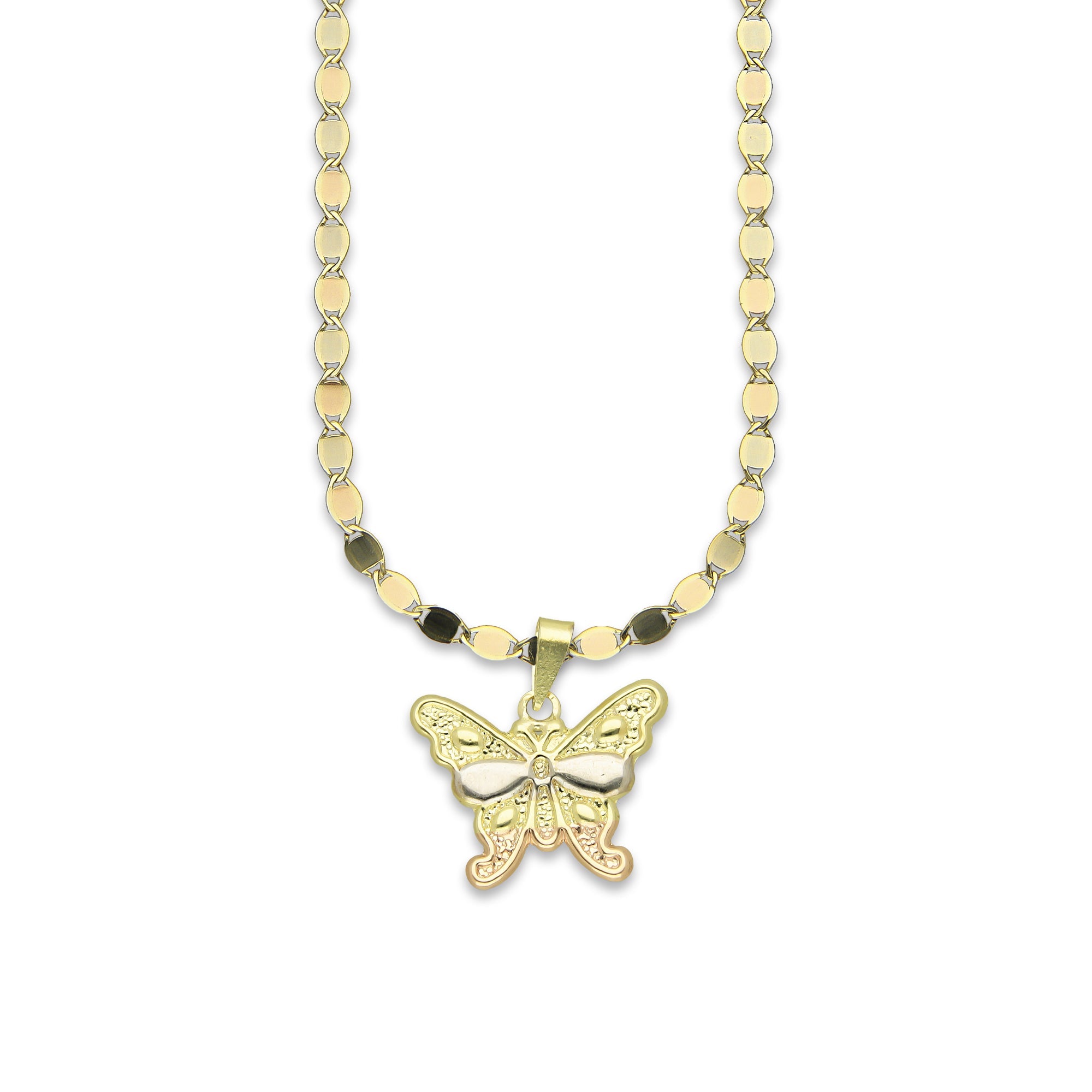 MR14DP020 Cadena Oro Sólido 10K + Dije Oro Sólido 14K Mariposa Troquelada Diamantada Florentino 1.8 cm x 2 cm