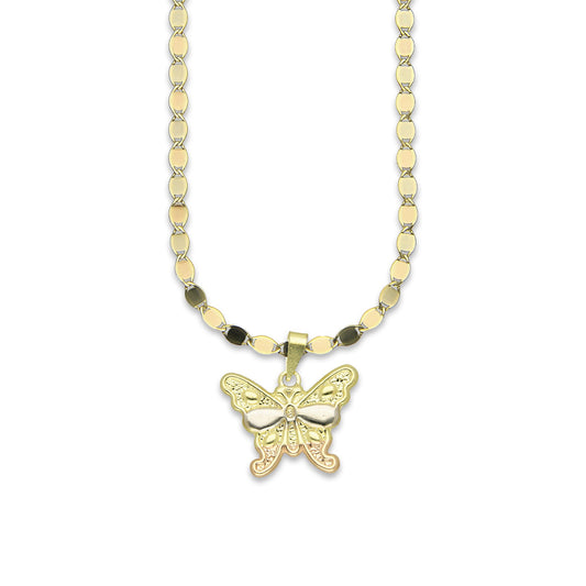 MR14DP020 Cadena Oro Sólido 10K + Dije Oro Sólido 14K Mariposa Troquelada Diamantada Florentino 1.8 cm x 2 cm