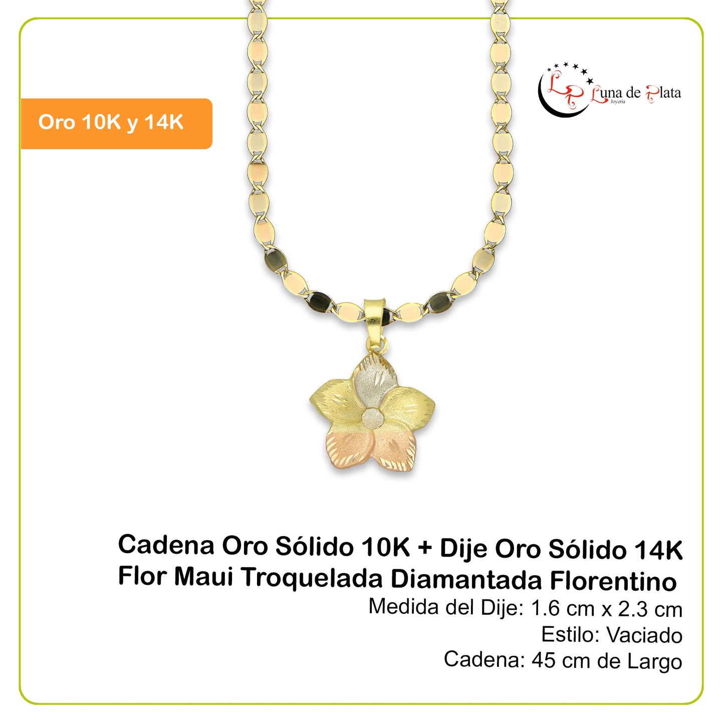 MR14DP027 Cadena Oro Sólido 10K + Dije Oro Sólido 14K Flor Maui Troquelada Diamantada Florentino 1.6 cm x 2.3 cm