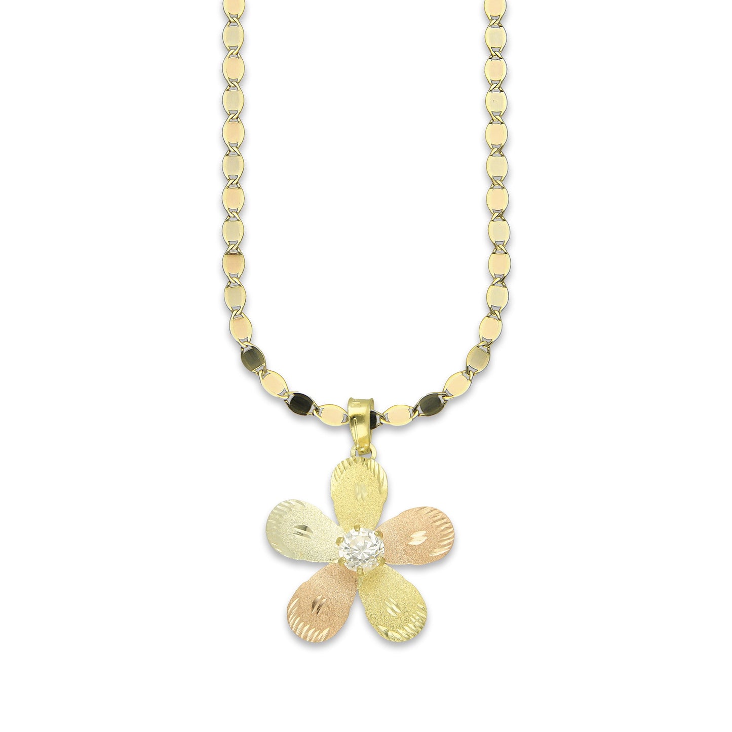 MR14DP030 Cadena Oro Sólido 10K + Dije Oro Sólido 14K Flor 5 Pétalos con Zirconia Diamantada Florentino 2.1 cm x 2.9 cm