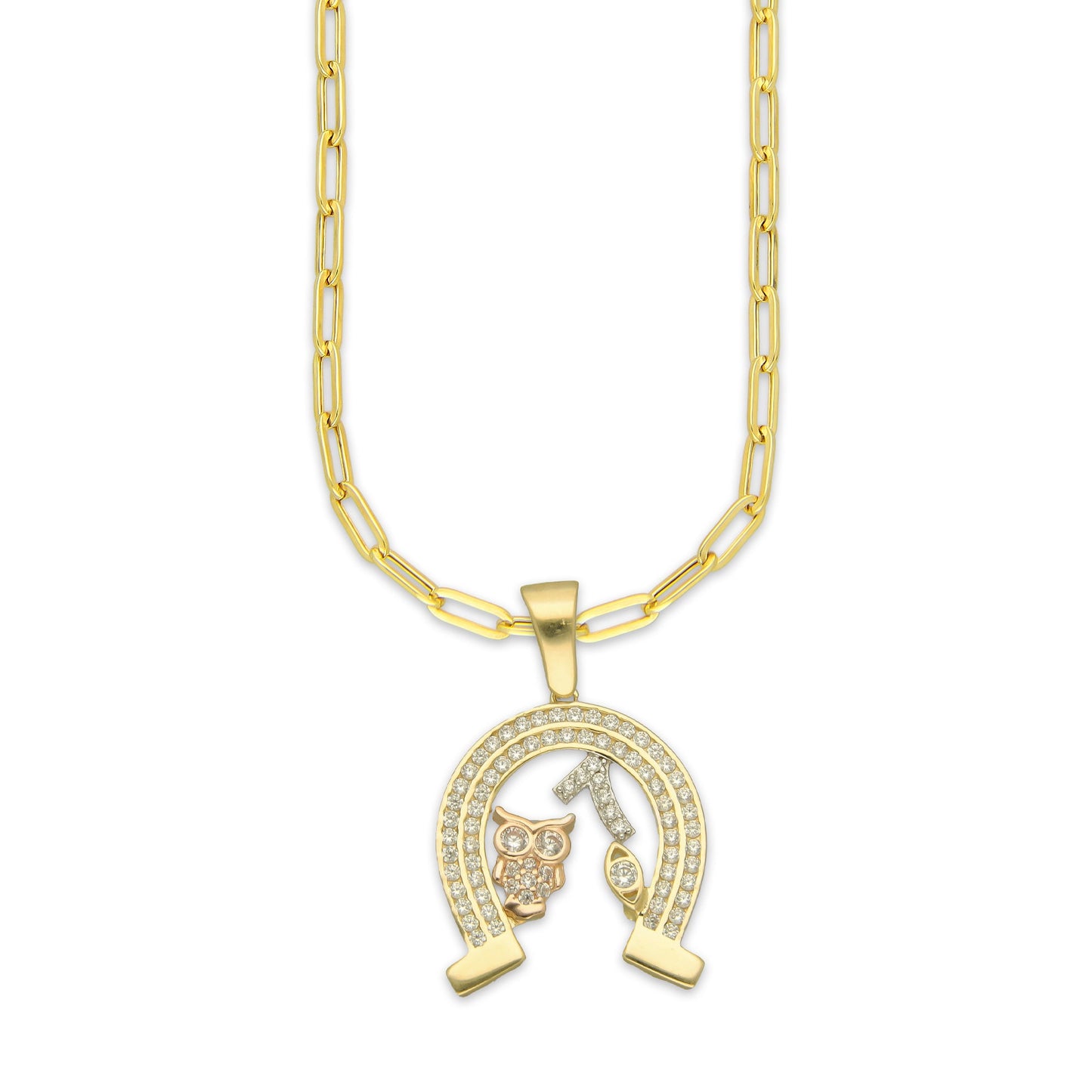 MR14DP066 Cadena Oro Sólido 10K + Dije Oro Sólido 14K EM Herradura de la Suerte con Zirconias 1.9 cm x 3 cm