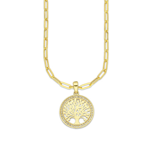 MR14DP069 Cadena Oro Sólido 10K + Dije Oro Sólido 14K EM Árbol de la Vida Bisel con Zirconias 1.6 cm x 2.3 cm