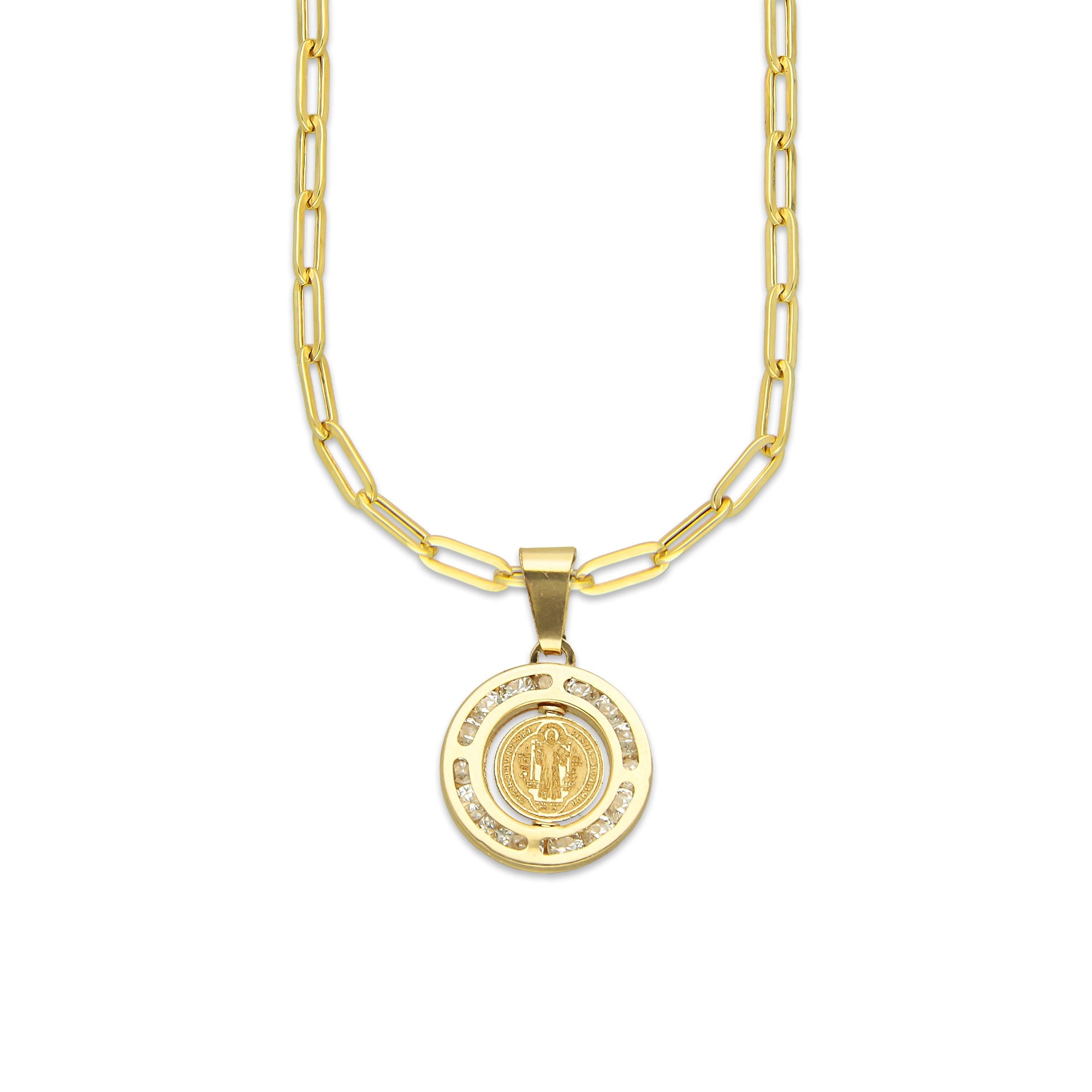 MR14DP074 Cadena Oro Sólido 10K + Dije Oro Sólido 14K EM San Benito Bisel con Zirconias 1.3 cm x 2.1 cm
