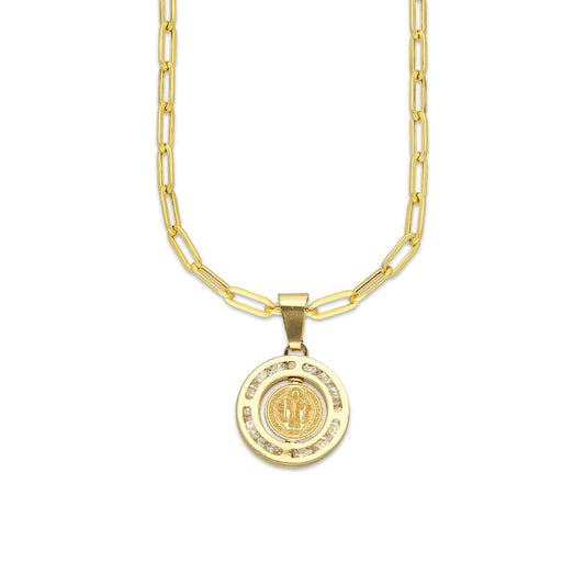 MR14DP074 Cadena Oro Sólido 10K + Dije Oro Sólido 14K EM San Benito Bisel con Zirconias 1.3 cm x 2.1 cm